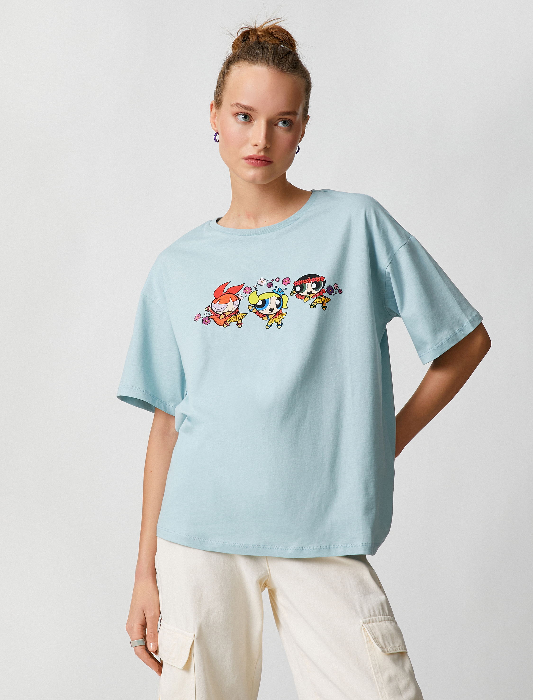   Power Puff Girls Tişört Oversize Lisanslı Sırt Baskılı Bisiklet Yaka Kısa Kollu