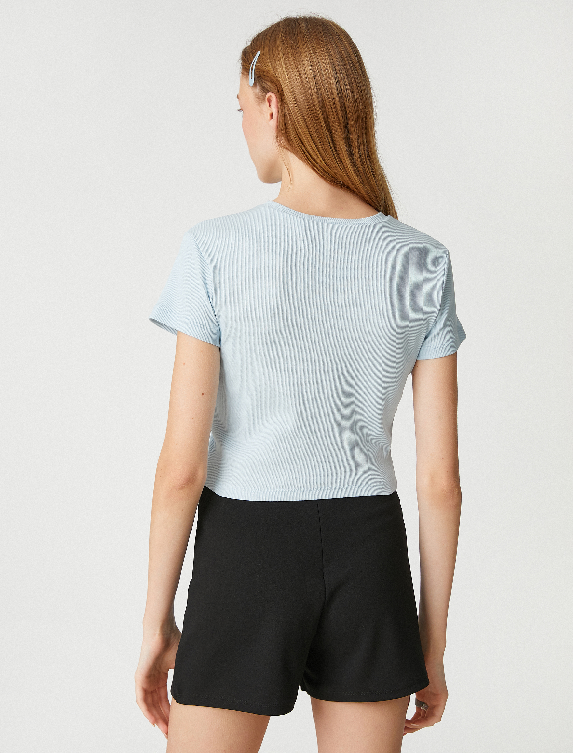   Crop Tişört Kolej Baskılı Pamuklu Bisiklet Yaka