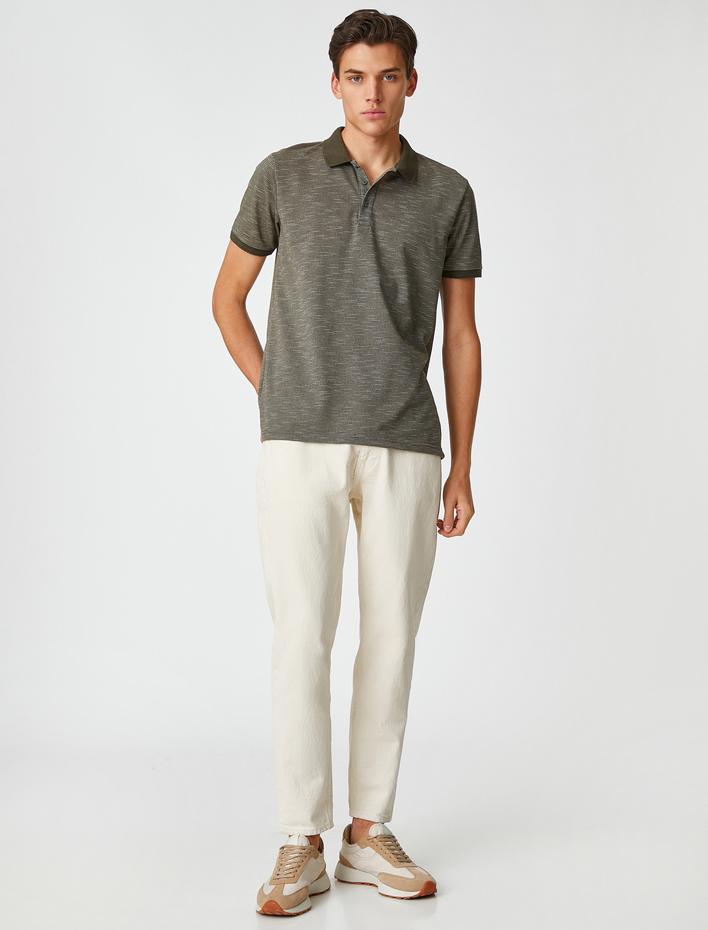  Polo Yaka Tişört Geometrik Baskılı Düğmeli Kısa Kollu Dar Kesim