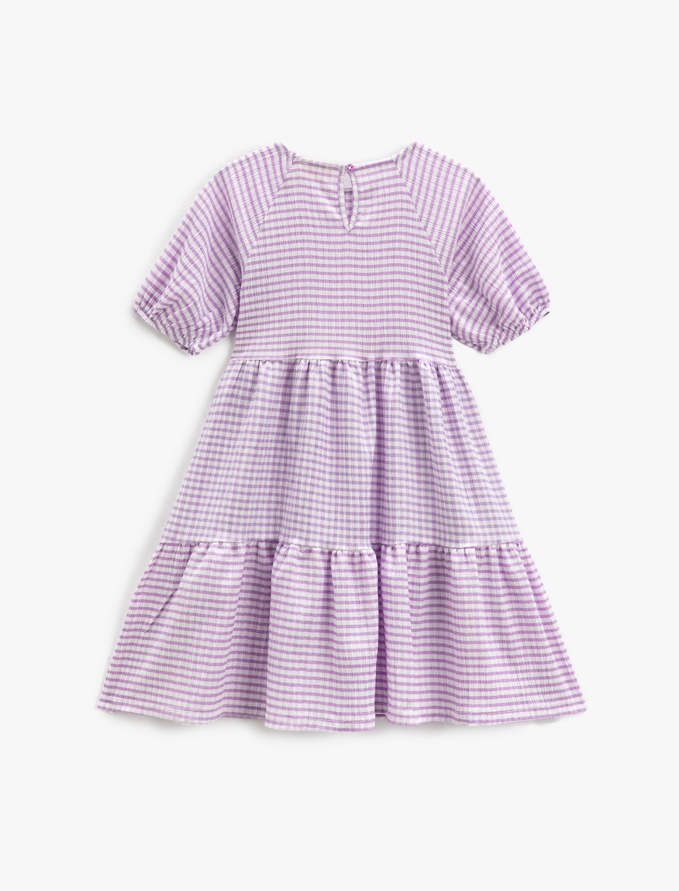  Kız Çocuk Elbise Kısa Balon Kollu Bol Kalıp Bisiklet Yaka Katlı