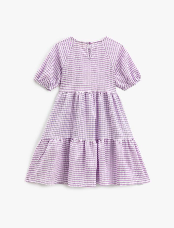 Kız Çocuk Elbise Kısa Balon Kollu Bol Kalıp Bisiklet Yaka Katlı