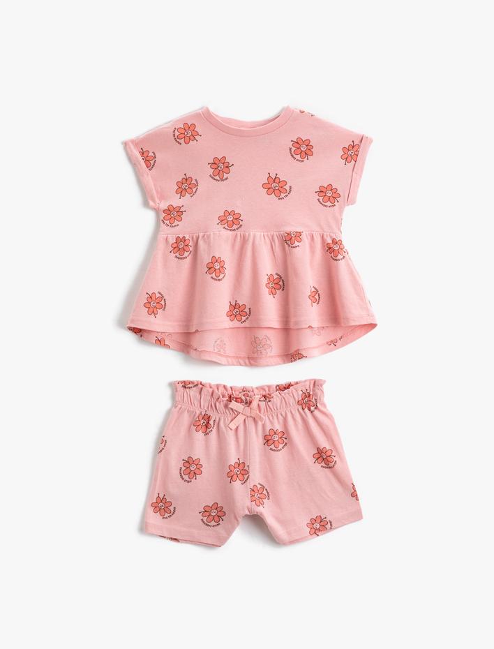 Kız Bebek Pamuklu Takım - Çiçekli Şort ve Kısa Kollu Tişört