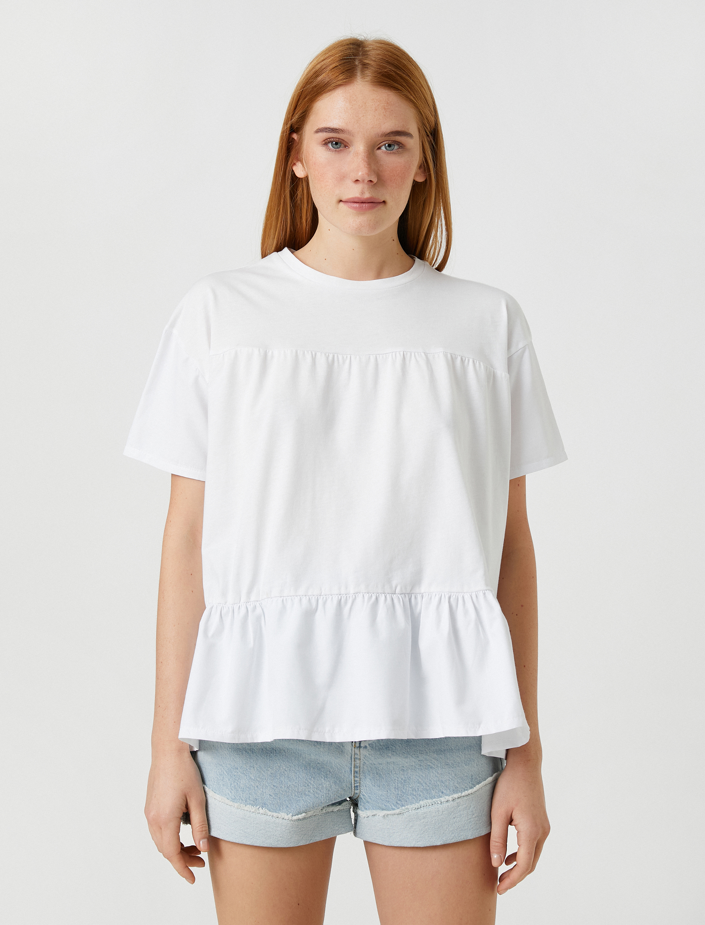   Katlı Tişört Kısa Kollu Bisiklet Yaka Pamuklu