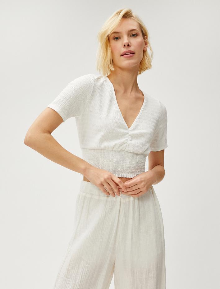  Crop Tişört Gipeli V Yaka