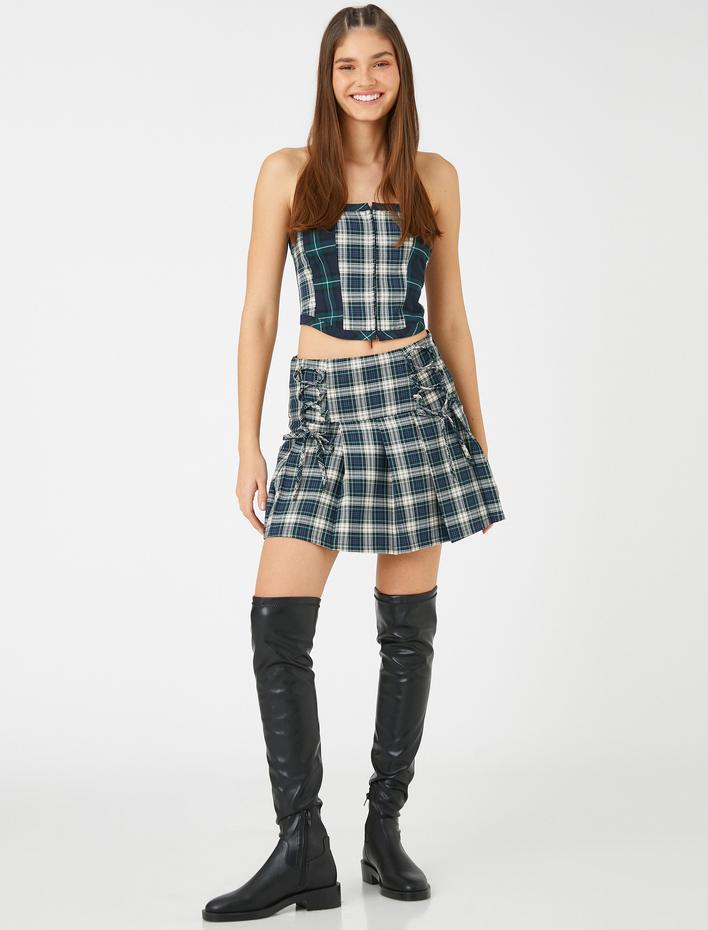  Straplez Crop Büstiyer Ekoseli Önü Kopça Detaylı