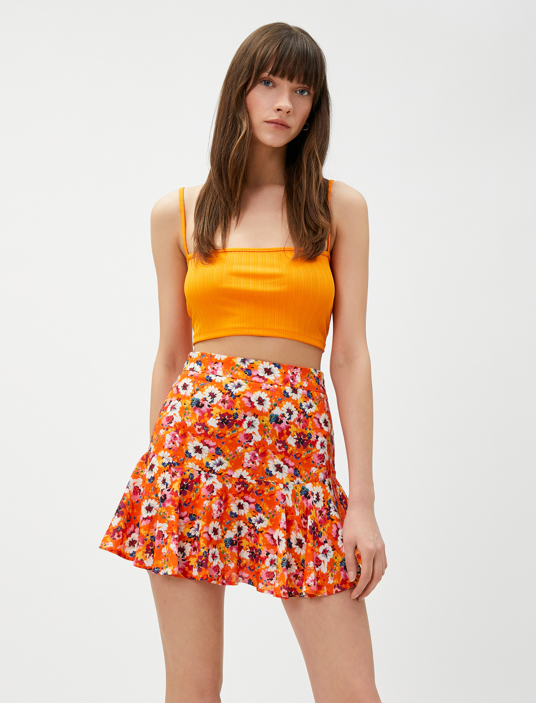   Çiçekli Mini Etek Volanlı