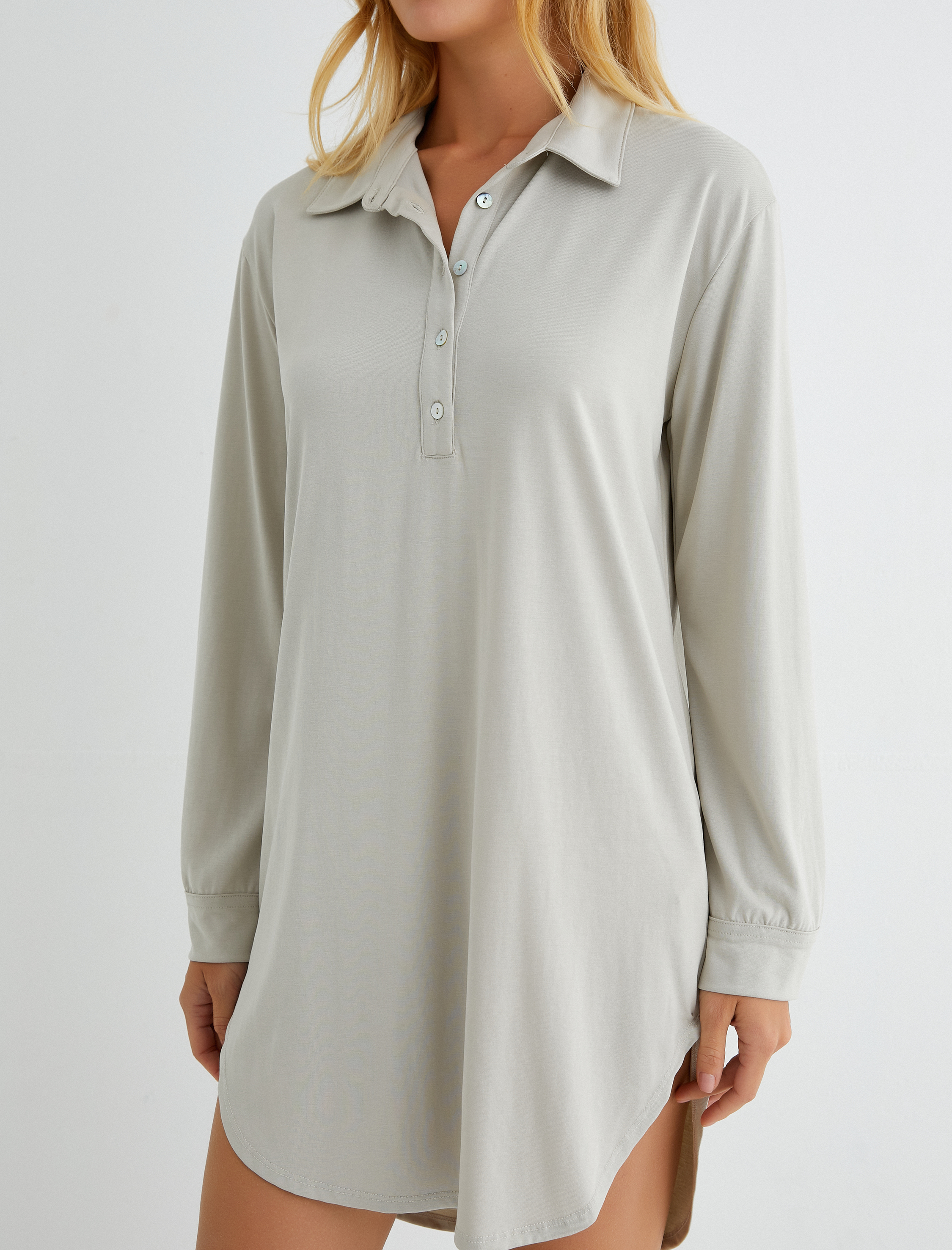   Uzun Kollu Gecelik Polo Yaka Modal Karışımlı