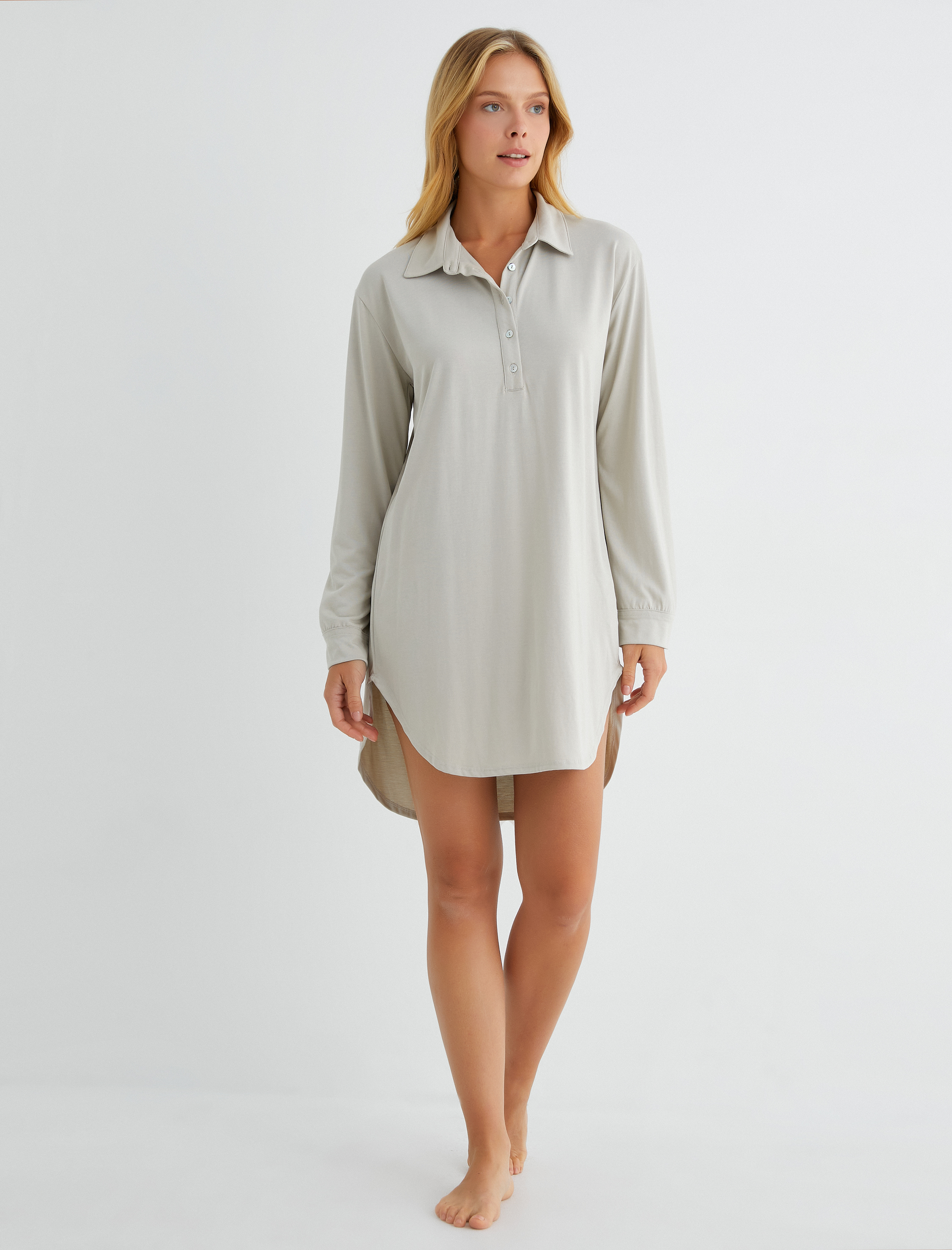   Uzun Kollu Gecelik Polo Yaka Modal Karışımlı