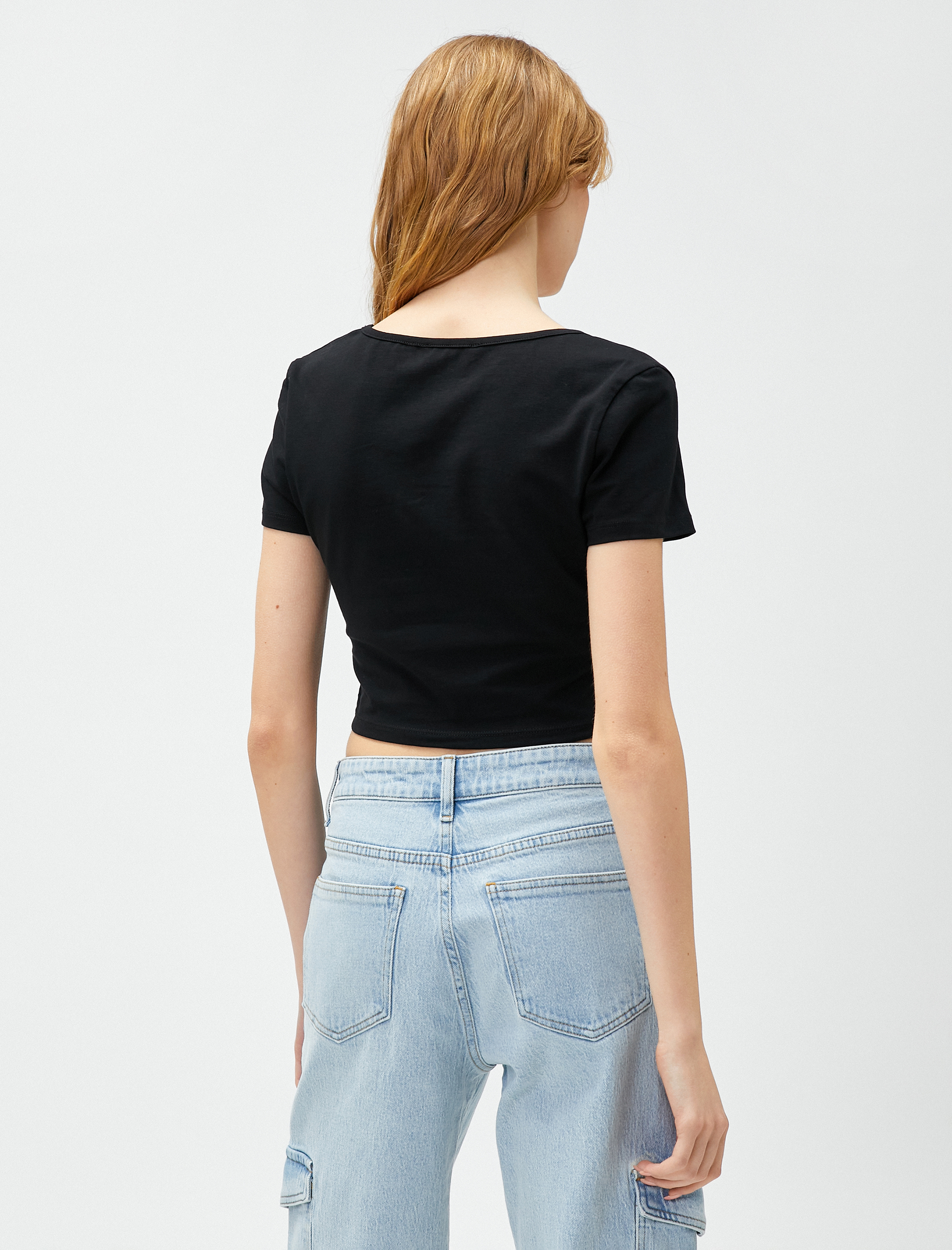   Crop Tişört Pamuklu Yuvarlak Yaka Nervürlü Kısa Kollu