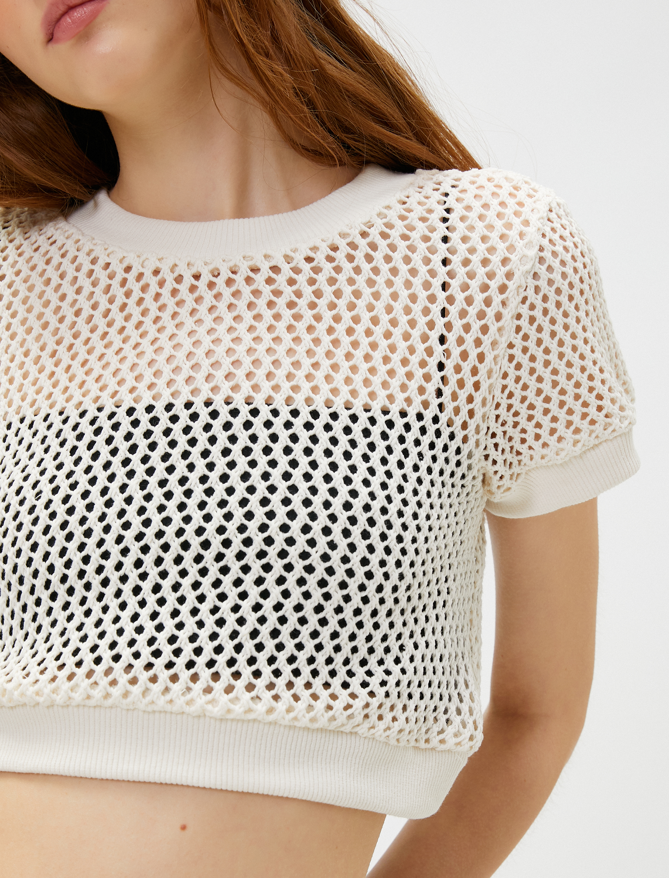   Crop Kroşe Tişört File Kısa Kollu Bisiklet Yaka Ajurlu