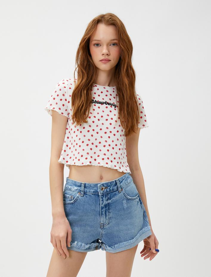  Çilek Baskılı Crop Tişört Kısa Kollu Bisiklet Yaka