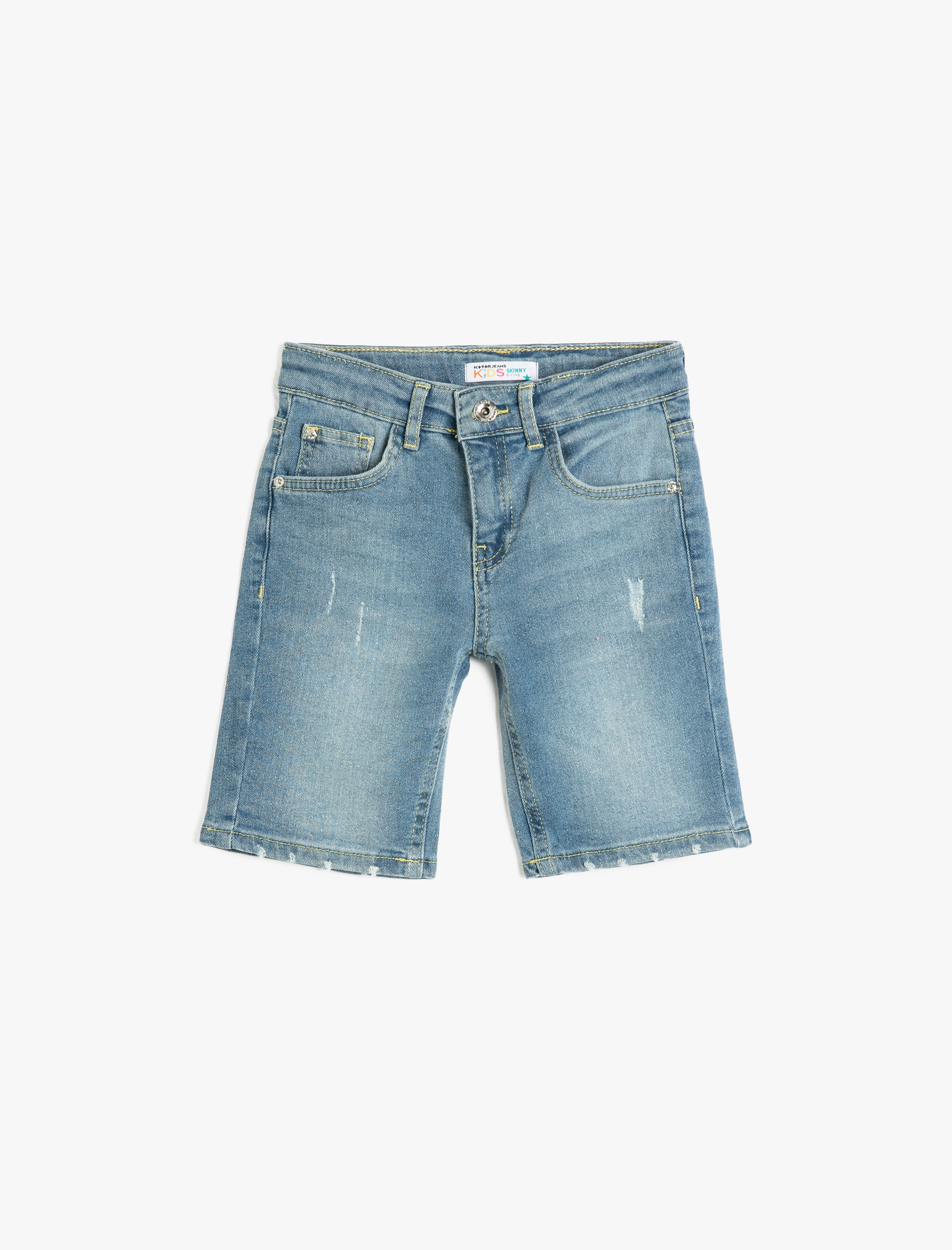 Erkek Çocuk Kot Şort Cepli Destroylu Pamuklu - Skinny Jean  Beli Ayarlanabilir Lastikli