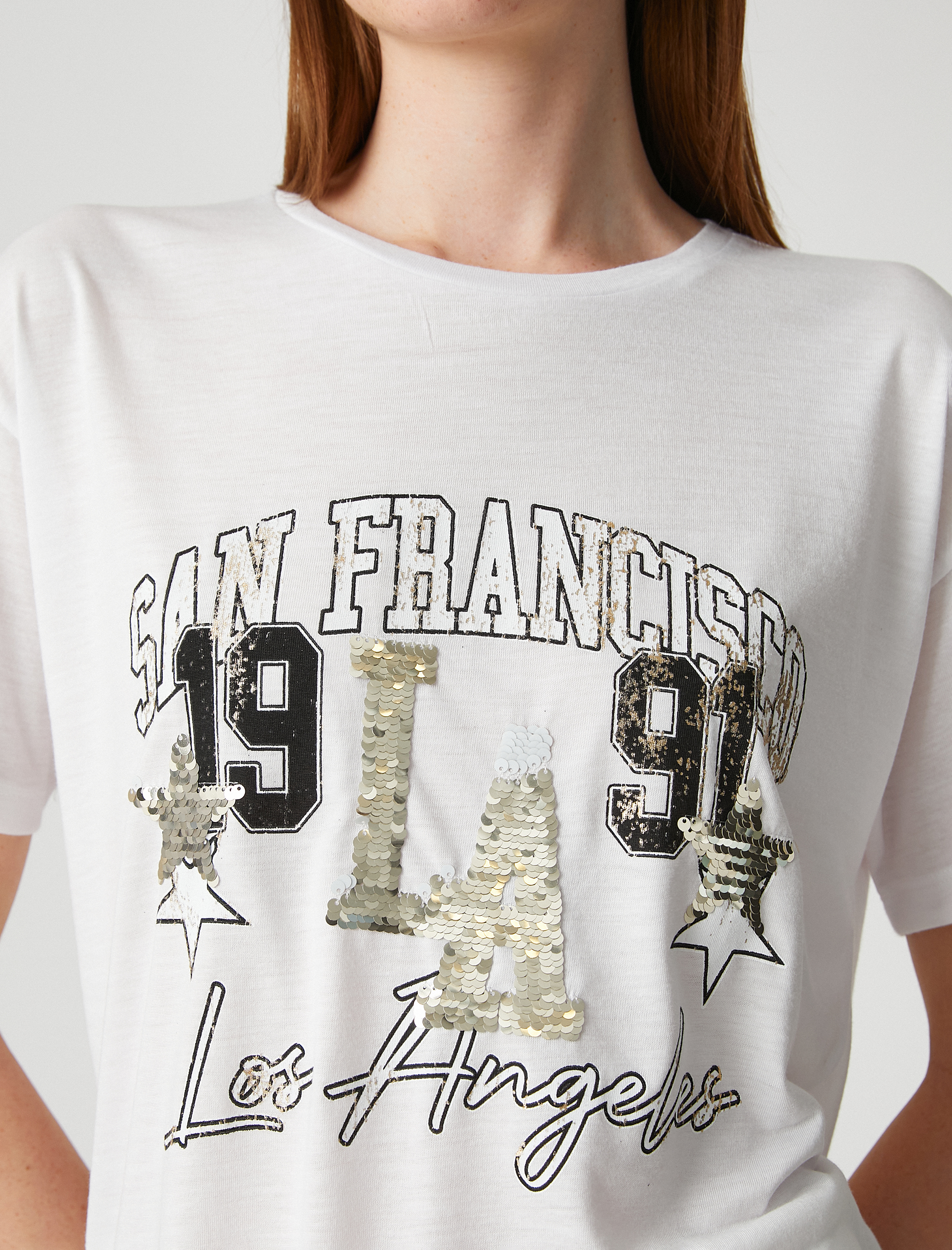 Payetli Tişört Kısa Kollu Bisiklet Yaka