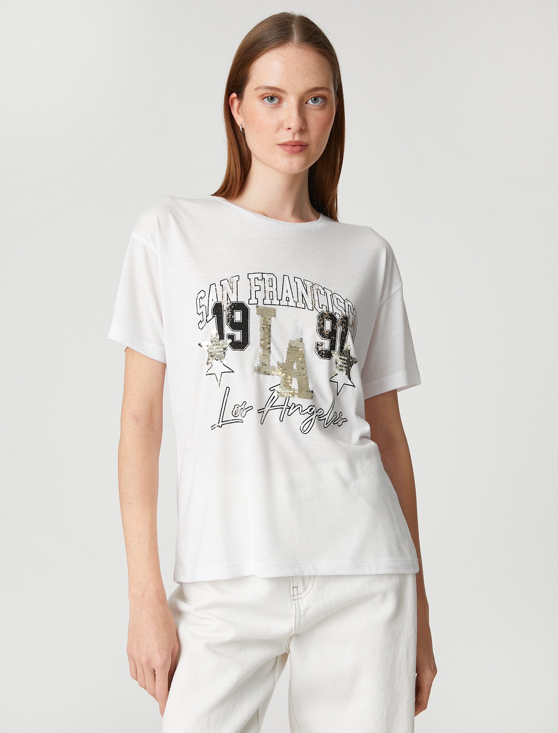 Payetli Tişört Kısa Kollu Bisiklet Yaka