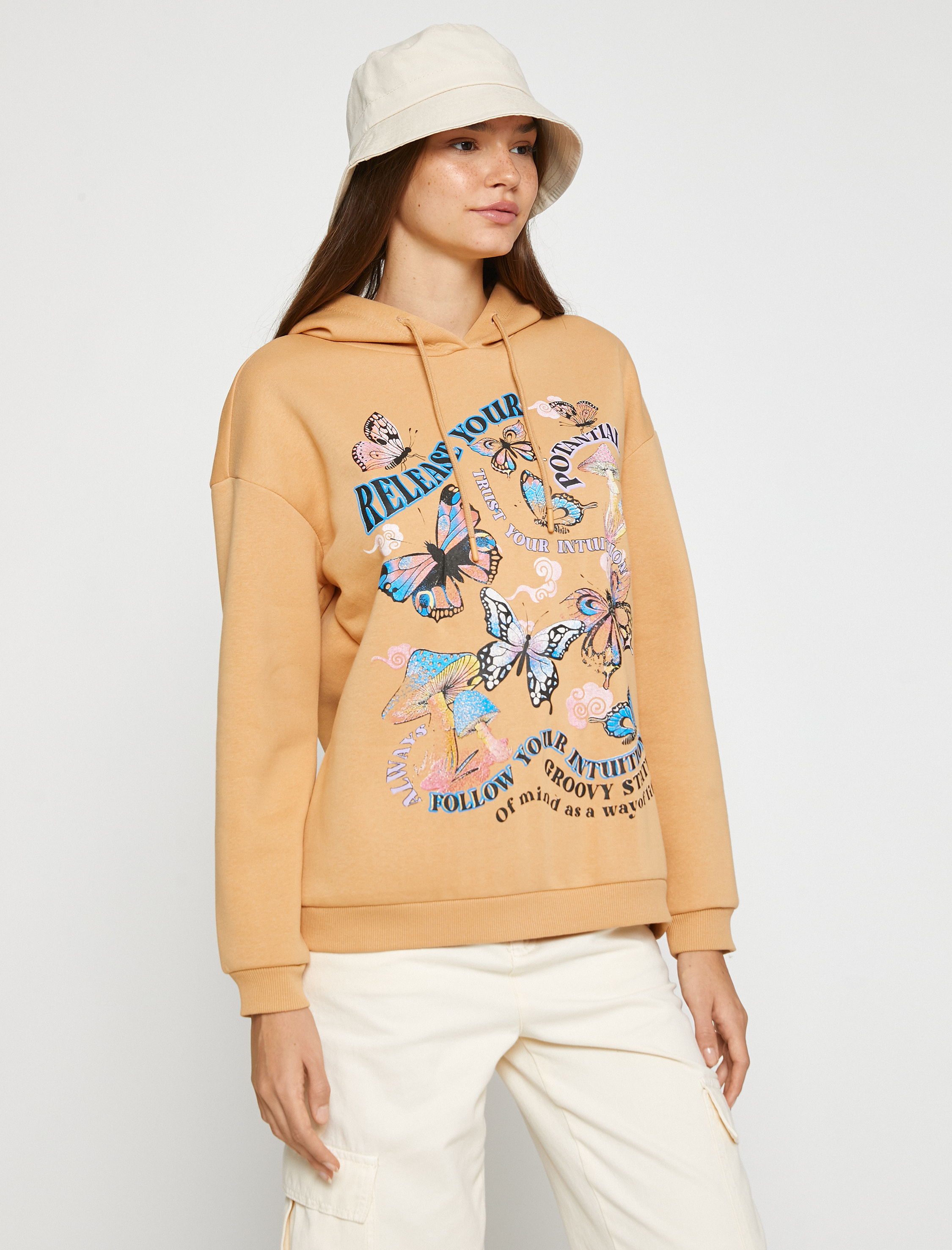   Oversize Sweatshirt Baskılı Kapüşonlu İçi Polarlı