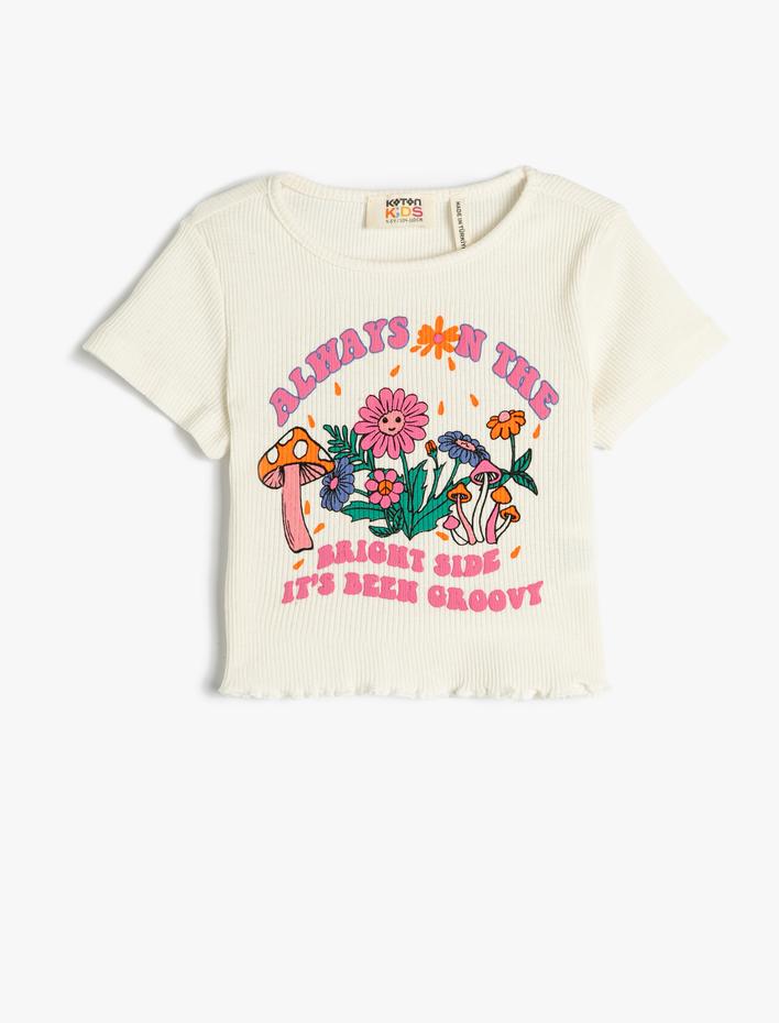 Kız Çocuk Tişört Kısa Kollu Bisiklet Yaka Baskılı Fitilli