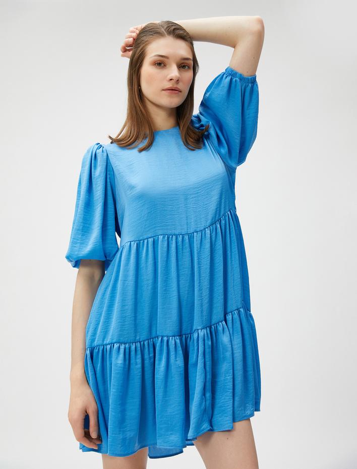  Mini Balon Kol Elbise Kısa Katlı