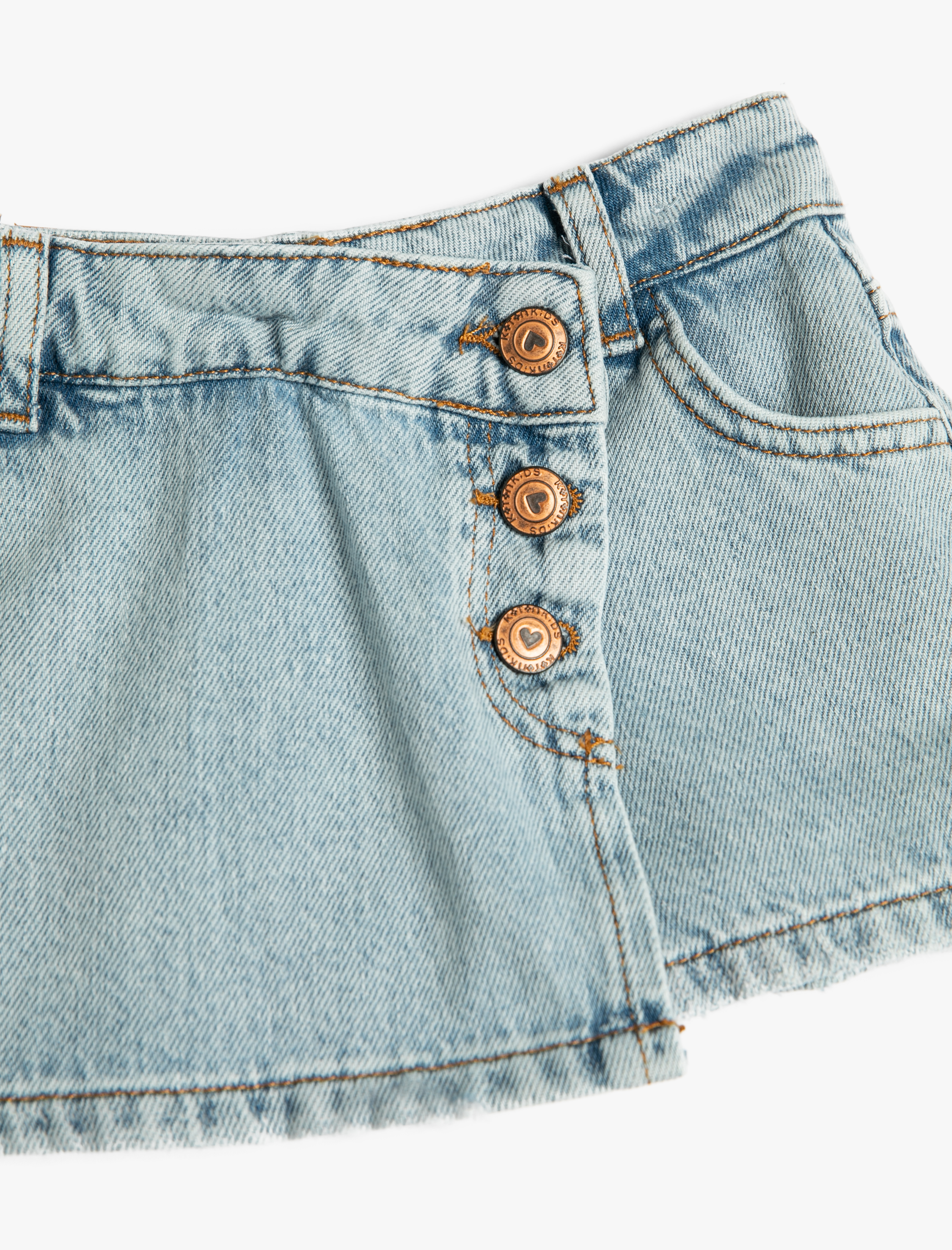  Kız Çocuk Kot Şort Etek Cepli Düğmeli Kruvaze Pamuklu Beli Ayarlanabilir Lastikli