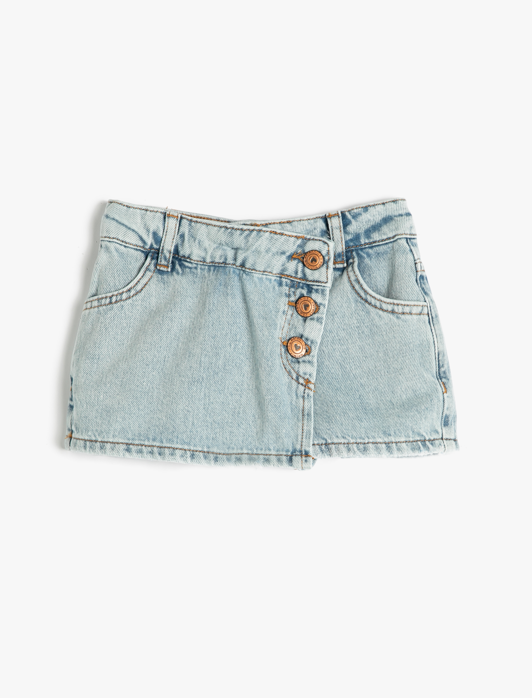  Kız Çocuk Kot Şort Etek Cepli Düğmeli Kruvaze Pamuklu Beli Ayarlanabilir Lastikli