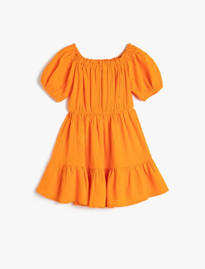 Kız Çocuk Elbise Midi Düşük Omuz Kısa Balon Kollu