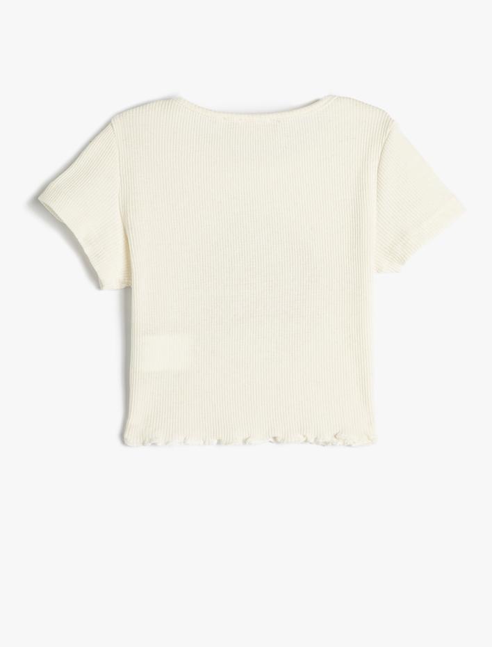 Kız Çocuk Crop Tişört Kısa Kollu Bisiklet Yaka Baskılı Fitilli