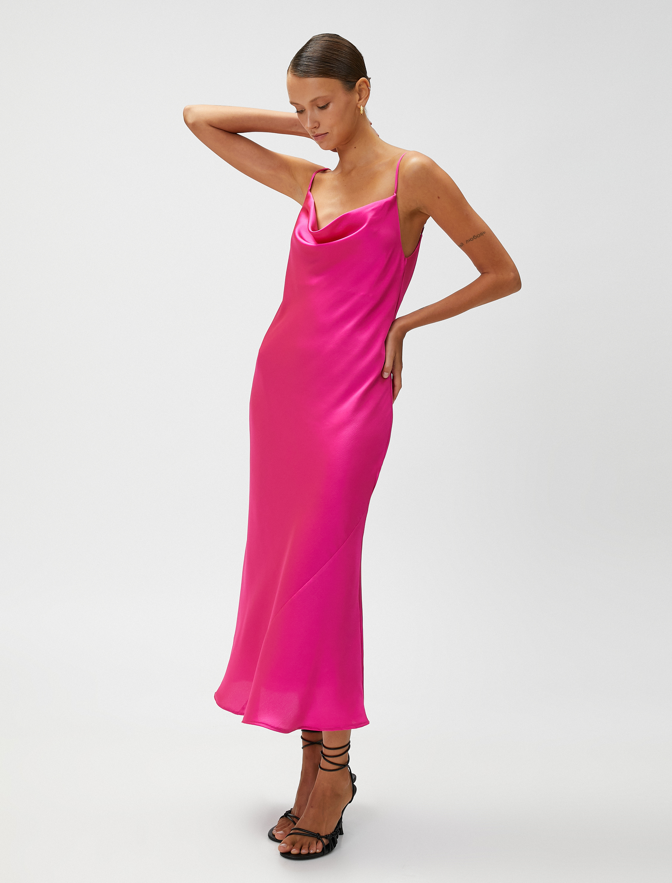   Saten Midi Boy Abiye Elbise Askılı