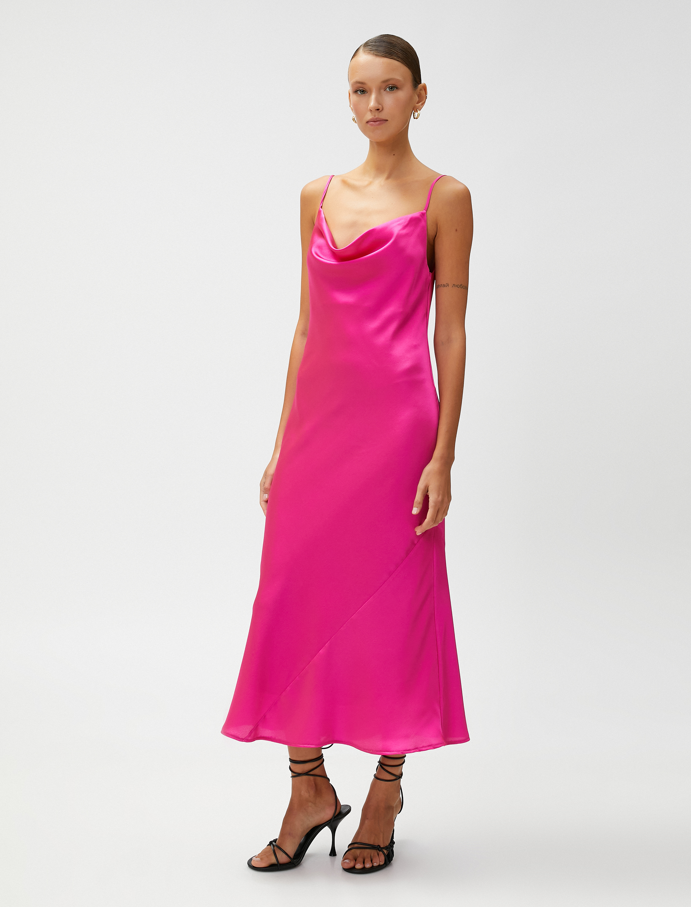   Saten Midi Boy Abiye Elbise Askılı