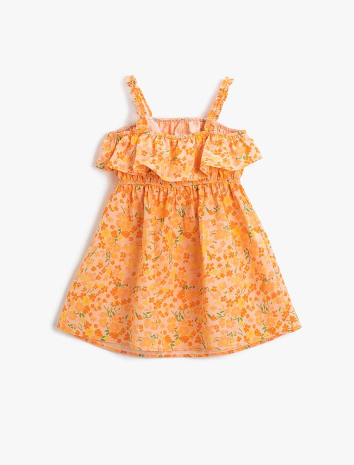 Kız Çocuk Elbise Çiçekli Askılı Midi Boy Fırfırlı Pamuklu