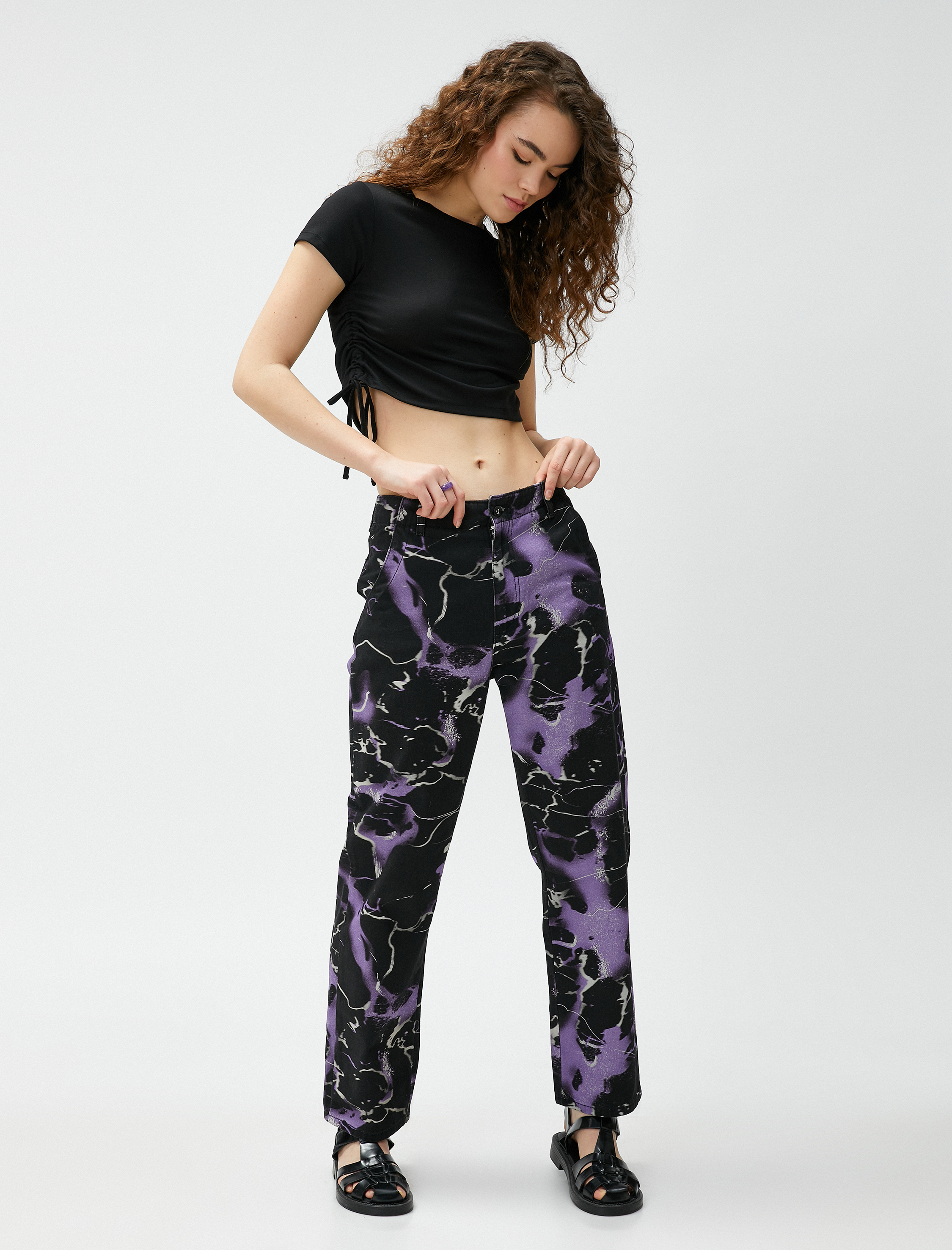   Crop Tişört Kısa Kollu Bisiklet Yaka Büzgülü