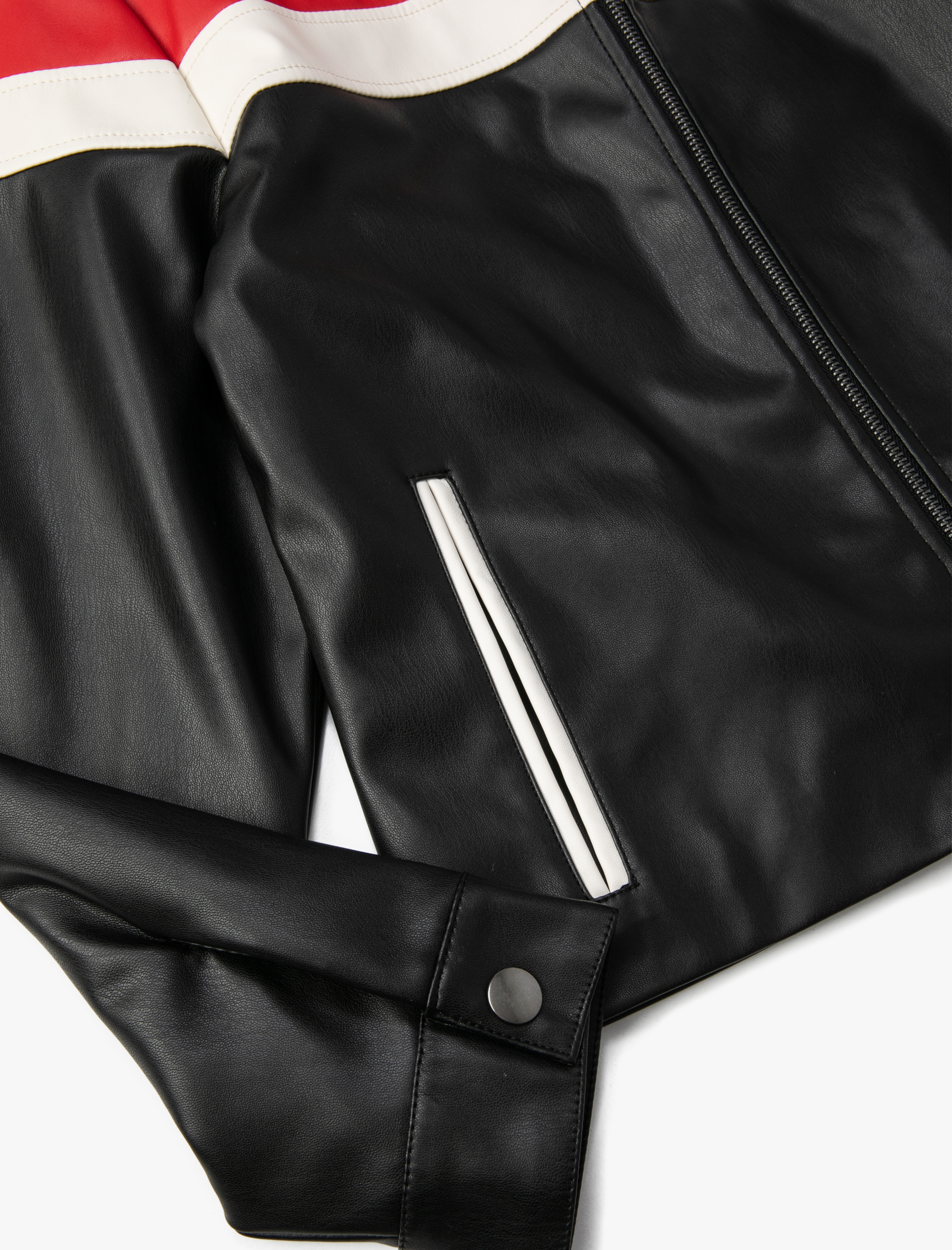   Deri Görünümlü Ceket Hakim Yaka Fermuarlı Astarlı