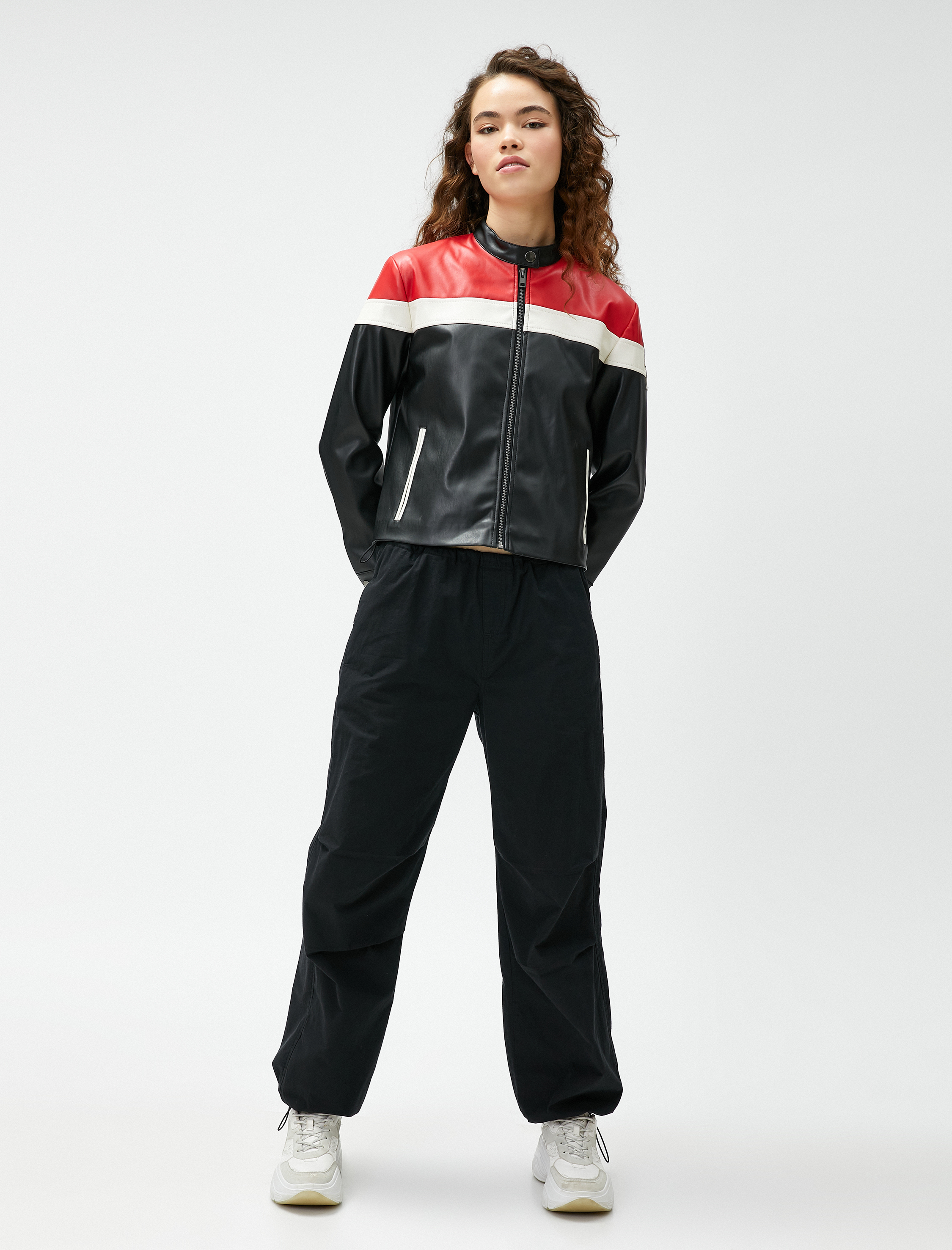   Deri Görünümlü Ceket Hakim Yaka Fermuarlı Astarlı