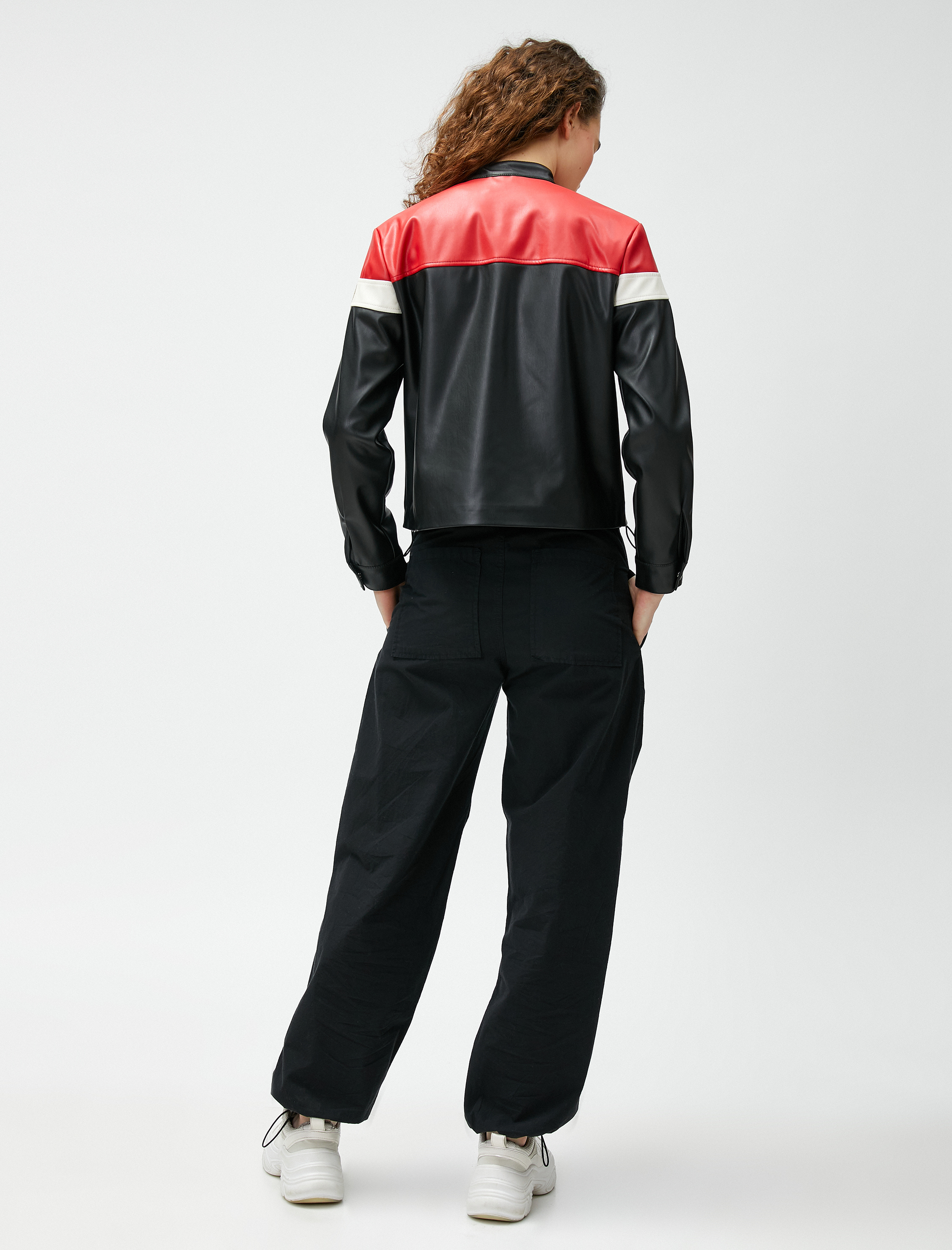   Deri Görünümlü Ceket Hakim Yaka Fermuarlı Astarlı