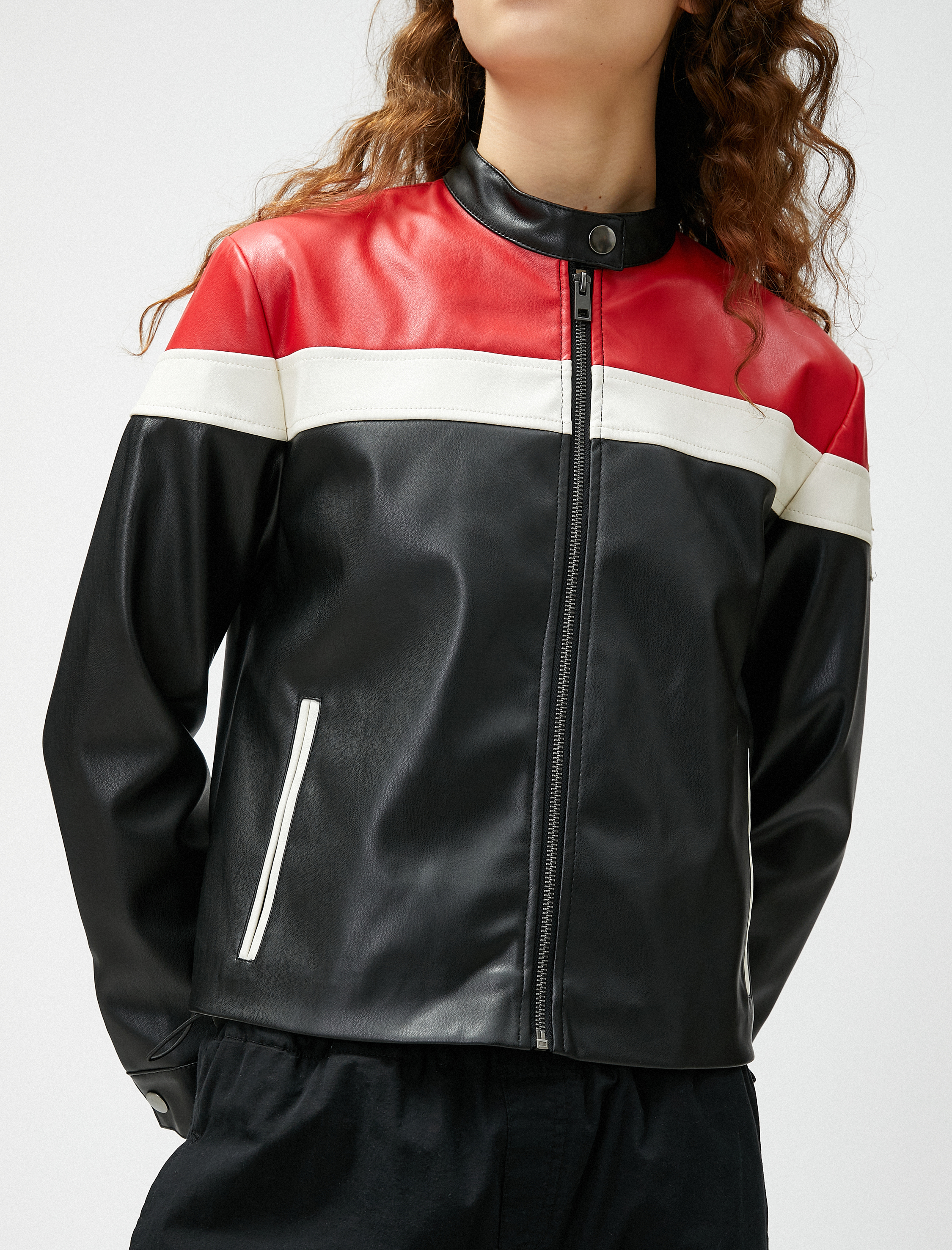   Deri Görünümlü Ceket Hakim Yaka Fermuarlı Astarlı