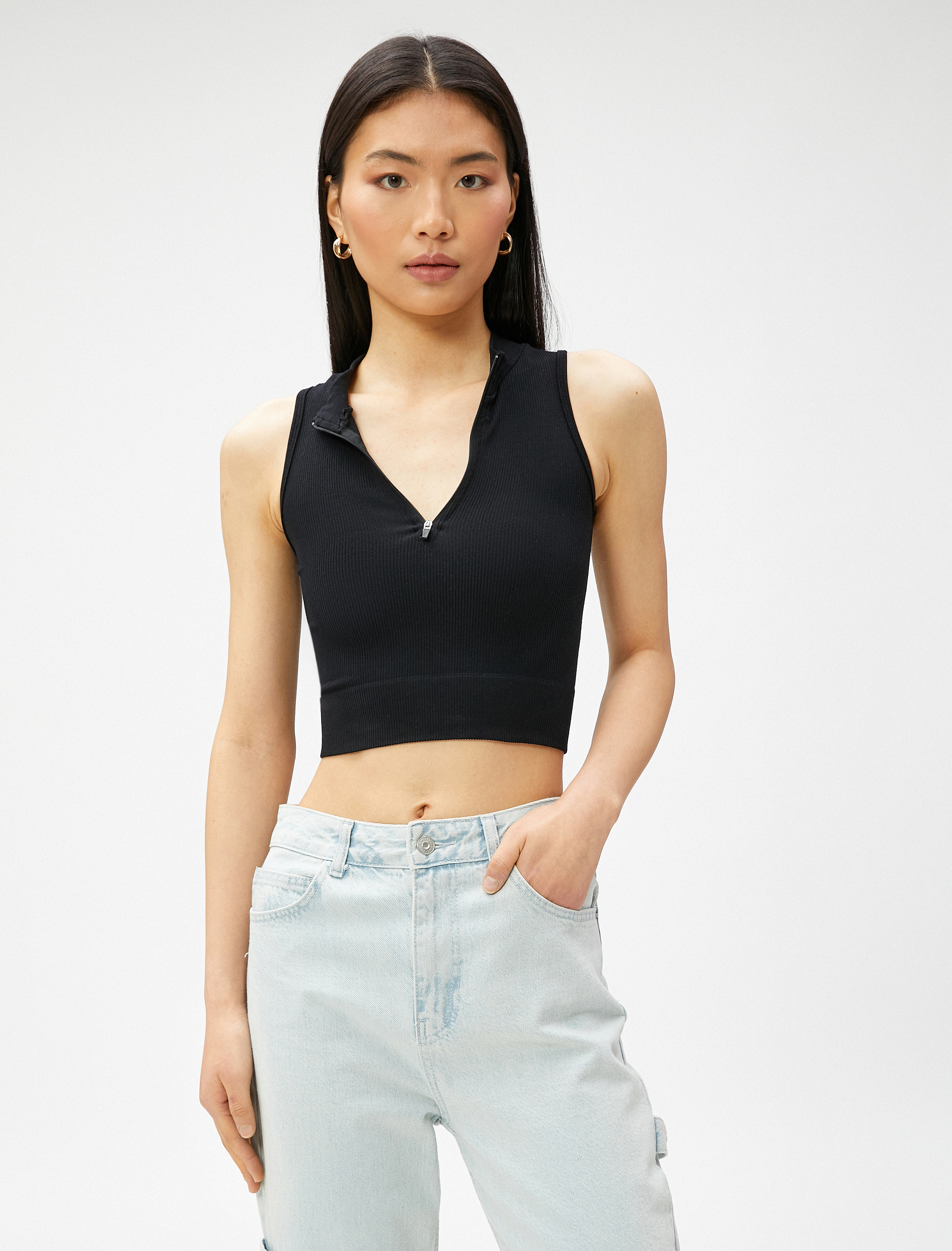   Crop Seamless Bluz Yarım Fermuarlı