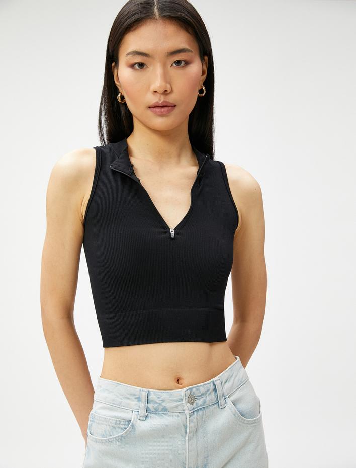  Crop Seamless Bluz Yarım Fermuarlı