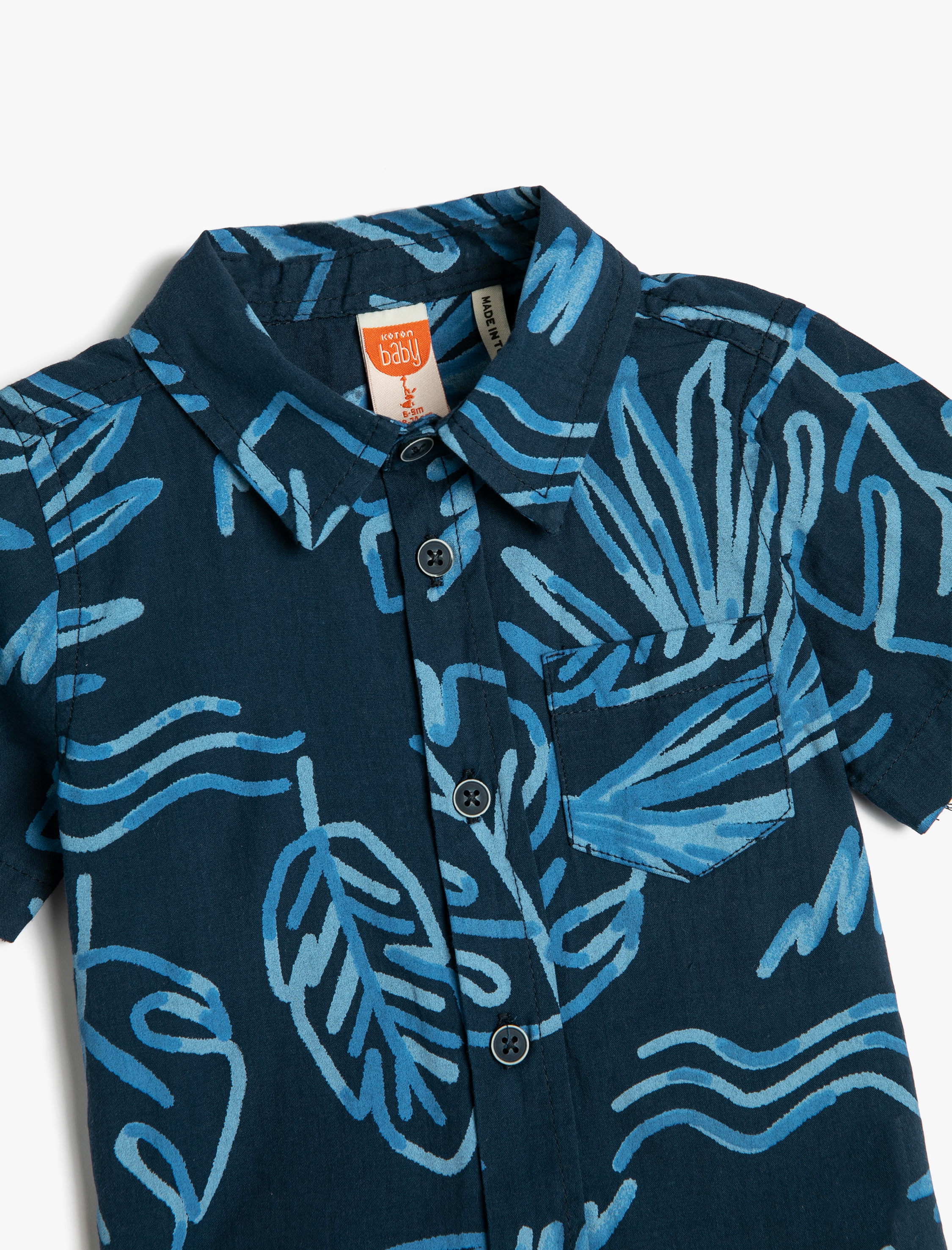  Erkek Bebek Gömlek Kısa Kollu Cep Detaylı Floral Baskılı Pamuklu