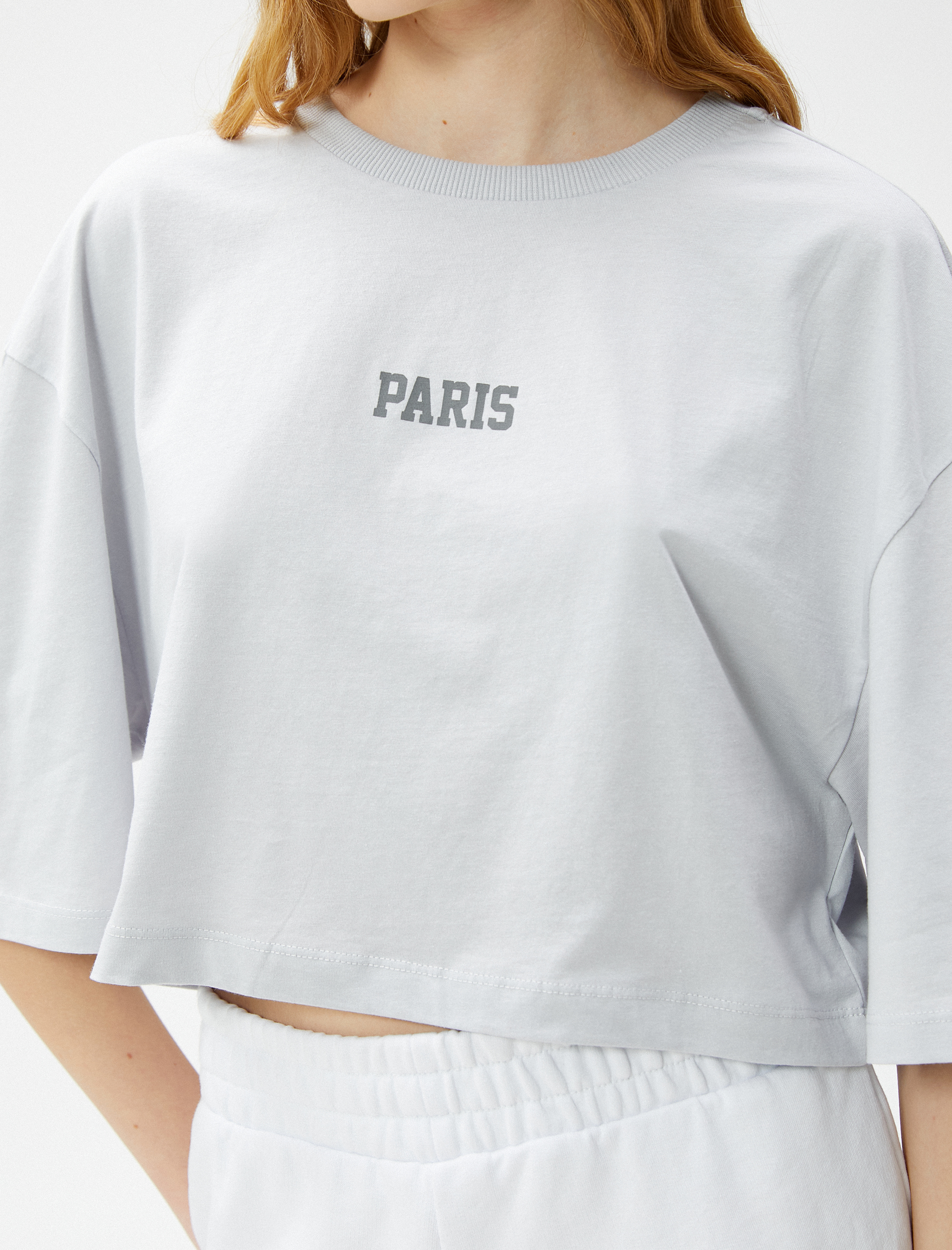   Crop Tişört Baskılı Bisiklet Yaka Kısa Kollu Pamuklu