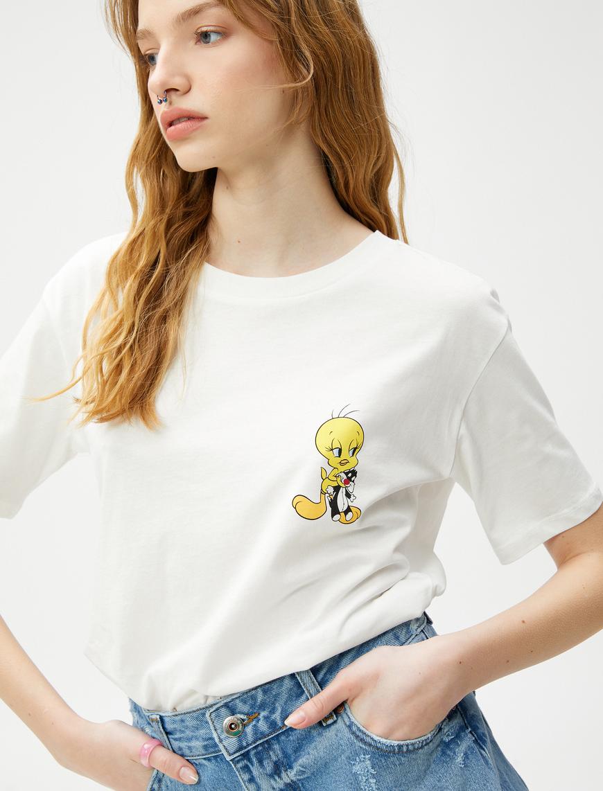   Tweety Tişört Sırt Baskılı Lisanslı Kısa Kollu Bisiklet Yaka