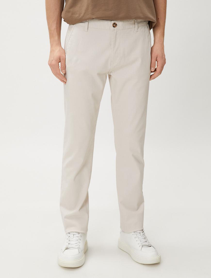   Basic Gabardin Pantolon Cep Detaylı Düz Kesim Düğmeli Pamuklu