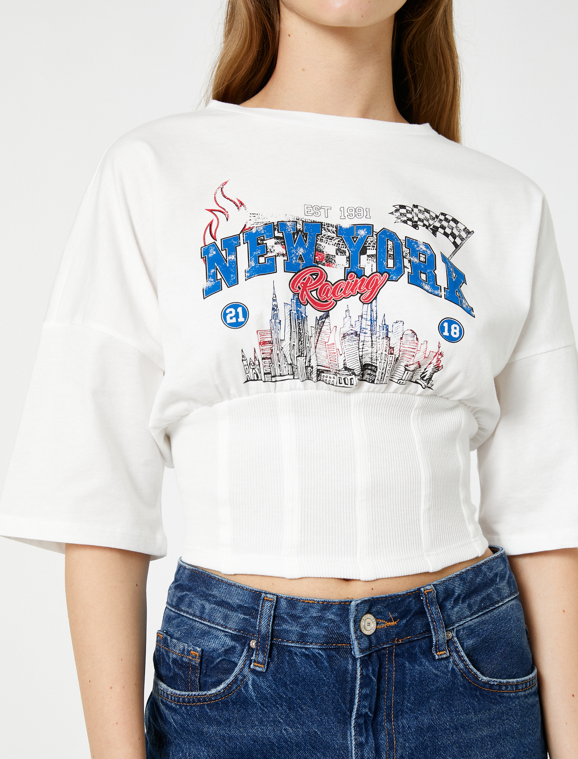 Crop Tişört Baskılı Beli Korseli Kısa Kollu Bisiklet Yaka Pamuklu