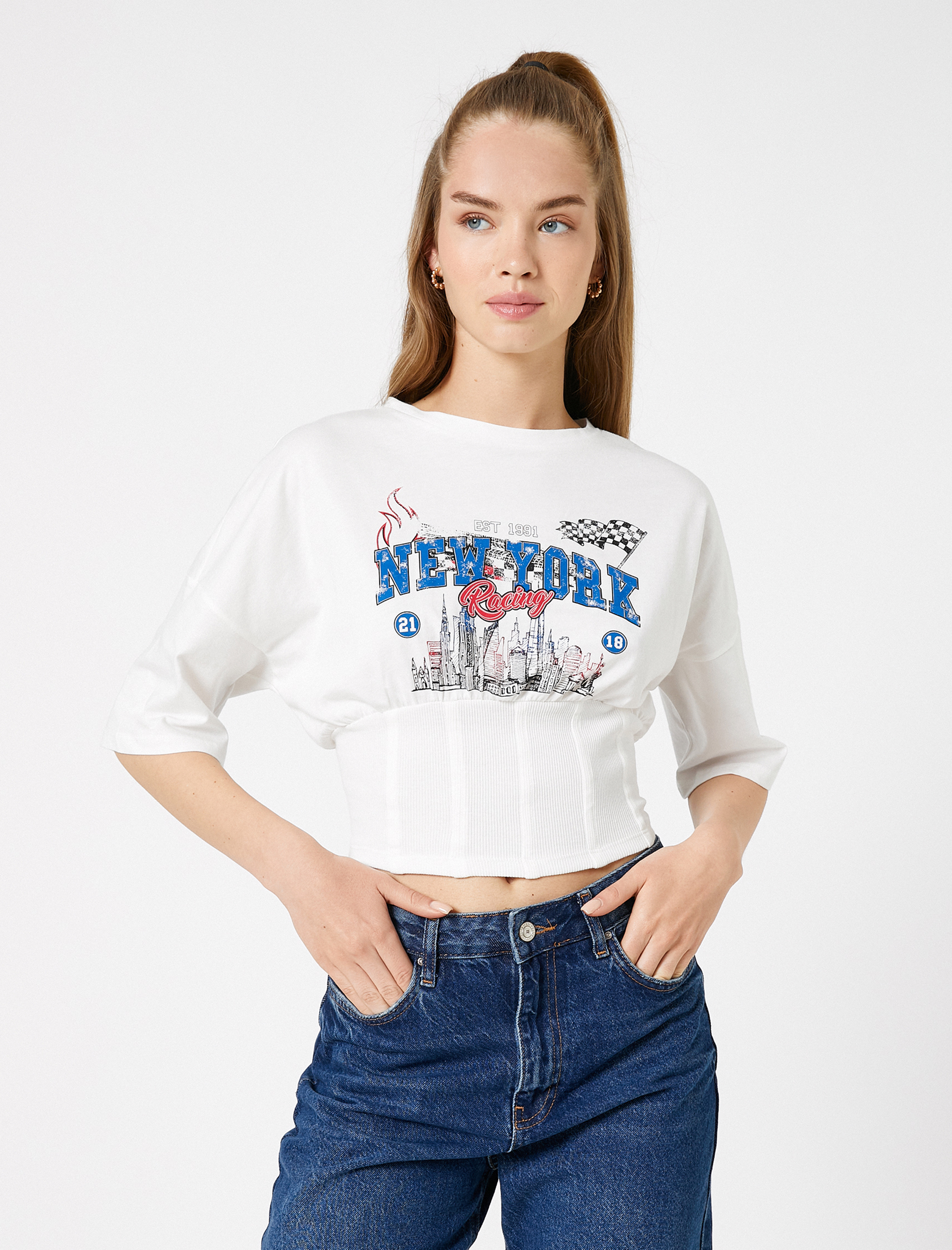 Crop Tişört Baskılı Beli Korseli Kısa Kollu Bisiklet Yaka Pamuklu