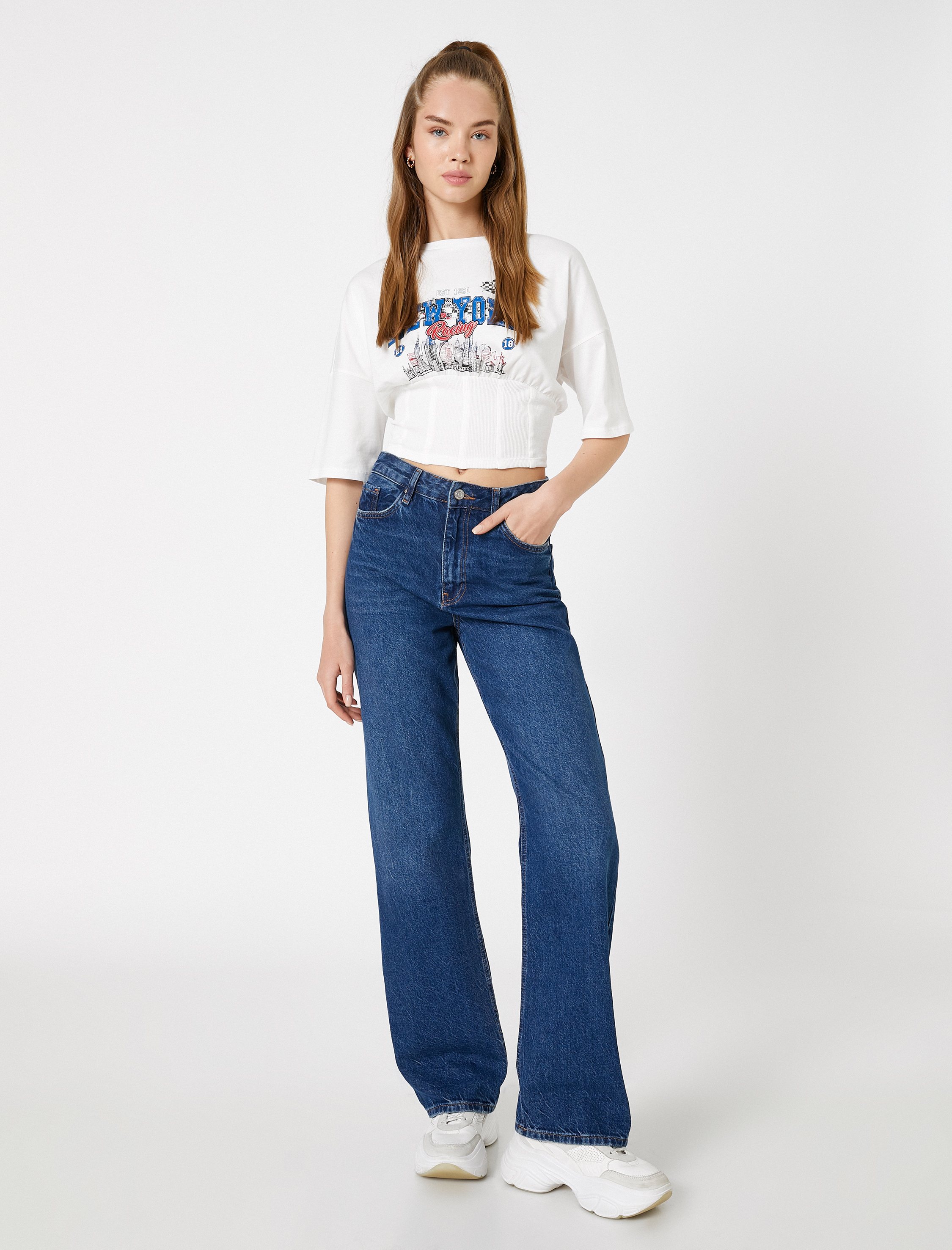 Crop Tişört Baskılı Beli Korseli Kısa Kollu Bisiklet Yaka Pamuklu