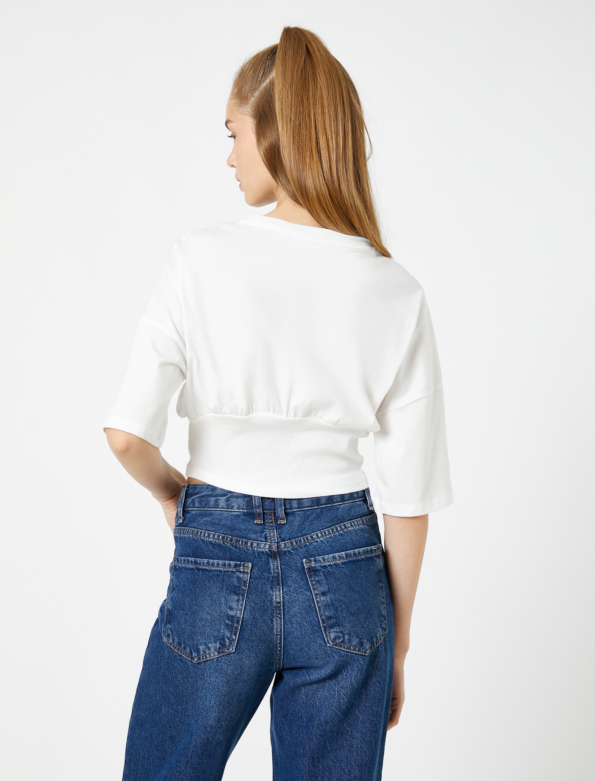 Crop Tişört Baskılı Beli Korseli Kısa Kollu Bisiklet Yaka Pamuklu