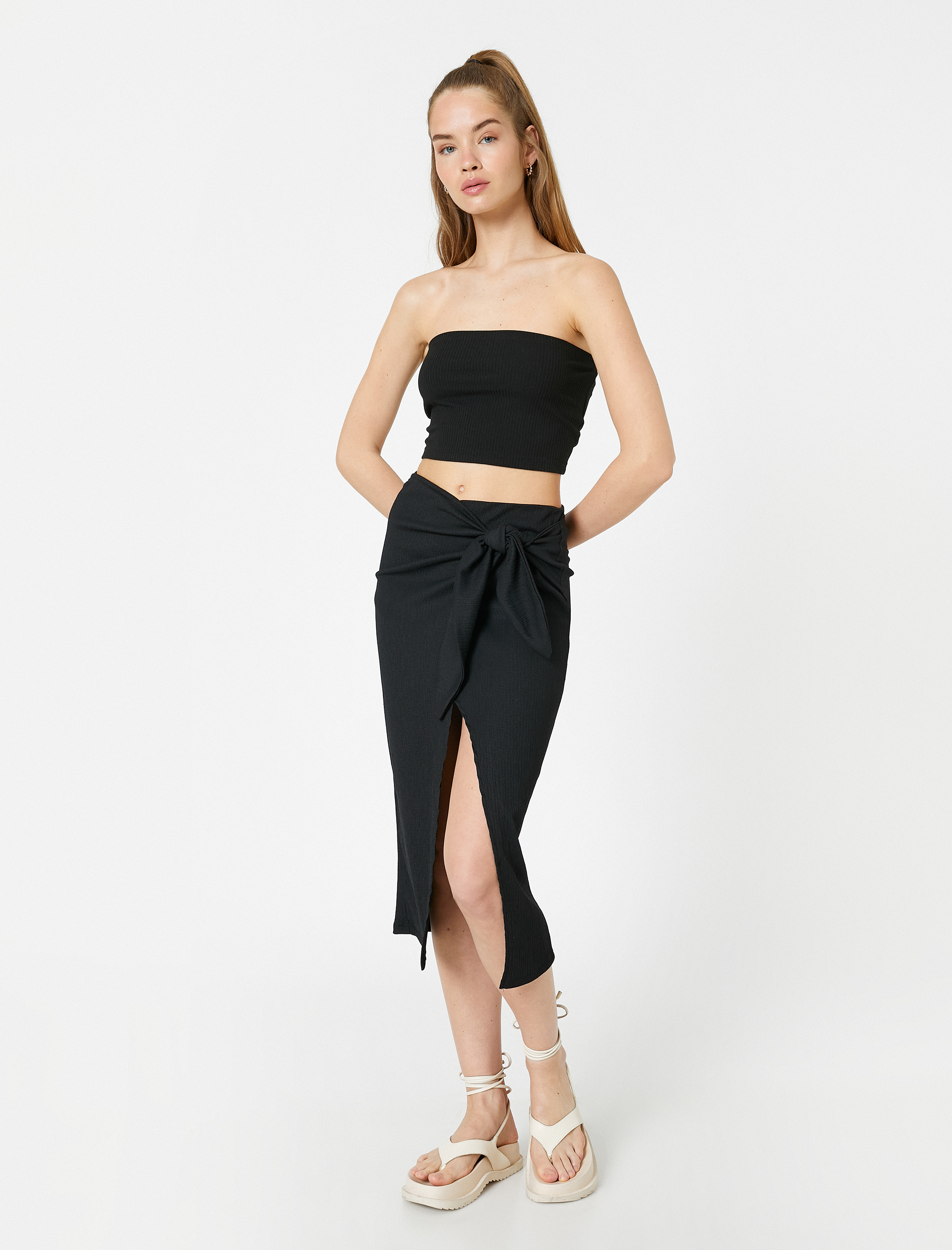   Midi Etek Yırtmaçlı Beli Bağlamalı Bürümcük