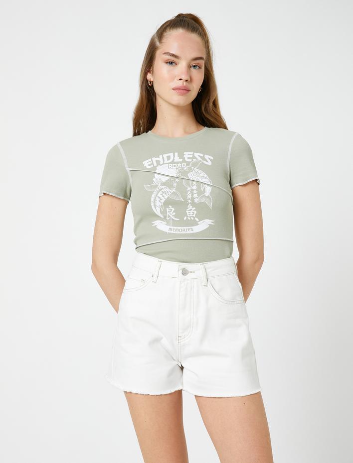  Uzak Doğu Baskılı Tişört Bisiklet Yaka Kısa Kollu Fitilli