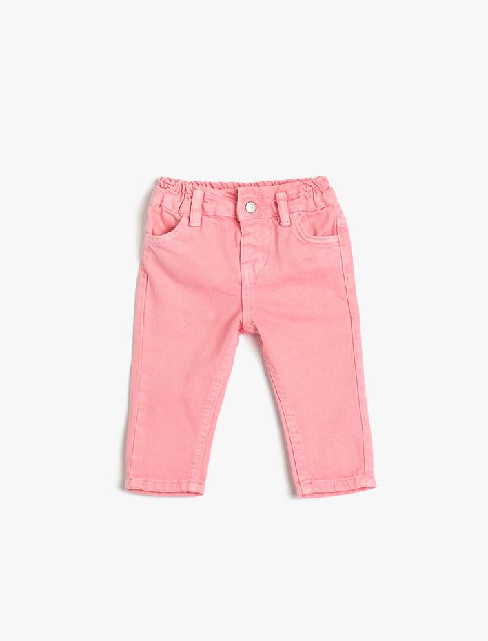 Kız Bebek Kot Pantolon, Beli Lastikli, Pamuklu, Cepli -  Slim Jean