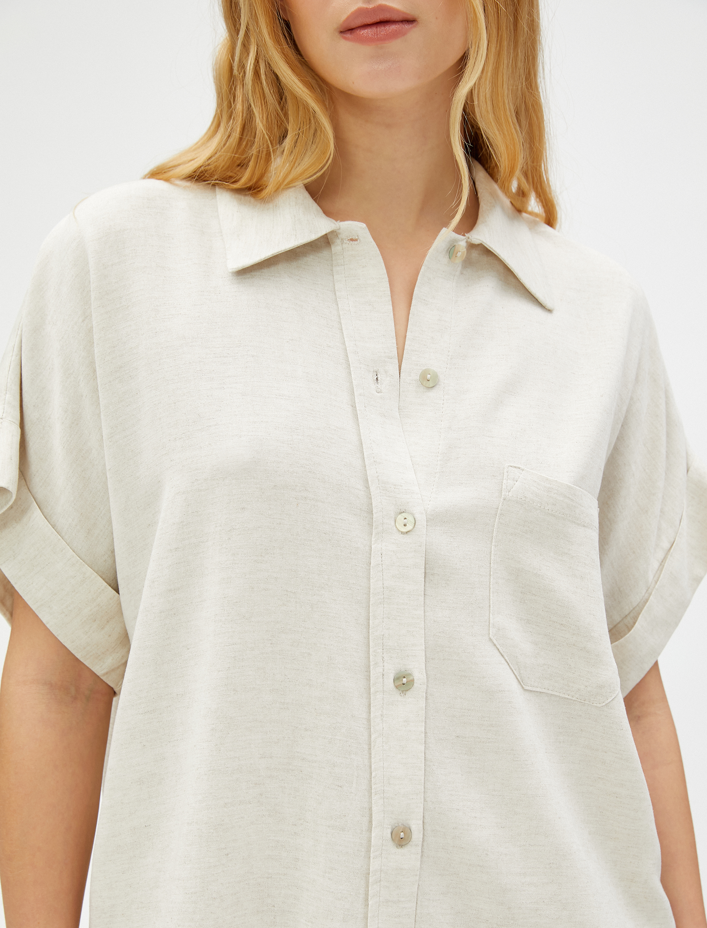   Oversize Gömlek Kolları Katlama Detaylı Keten Karışımlı