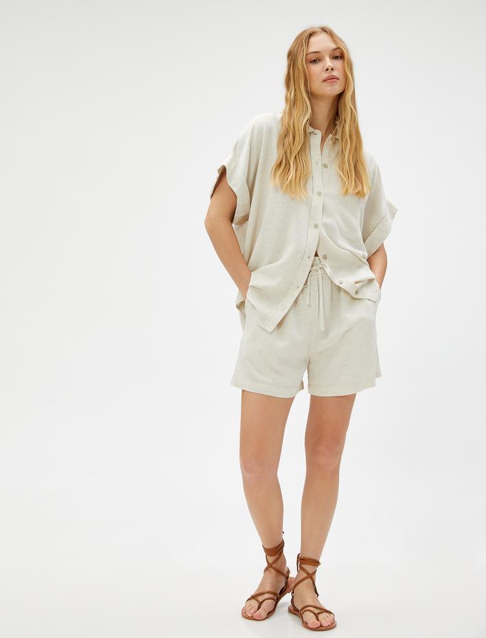  Oversize Gömlek Kolları Katlama Detaylı Keten Karışımlı