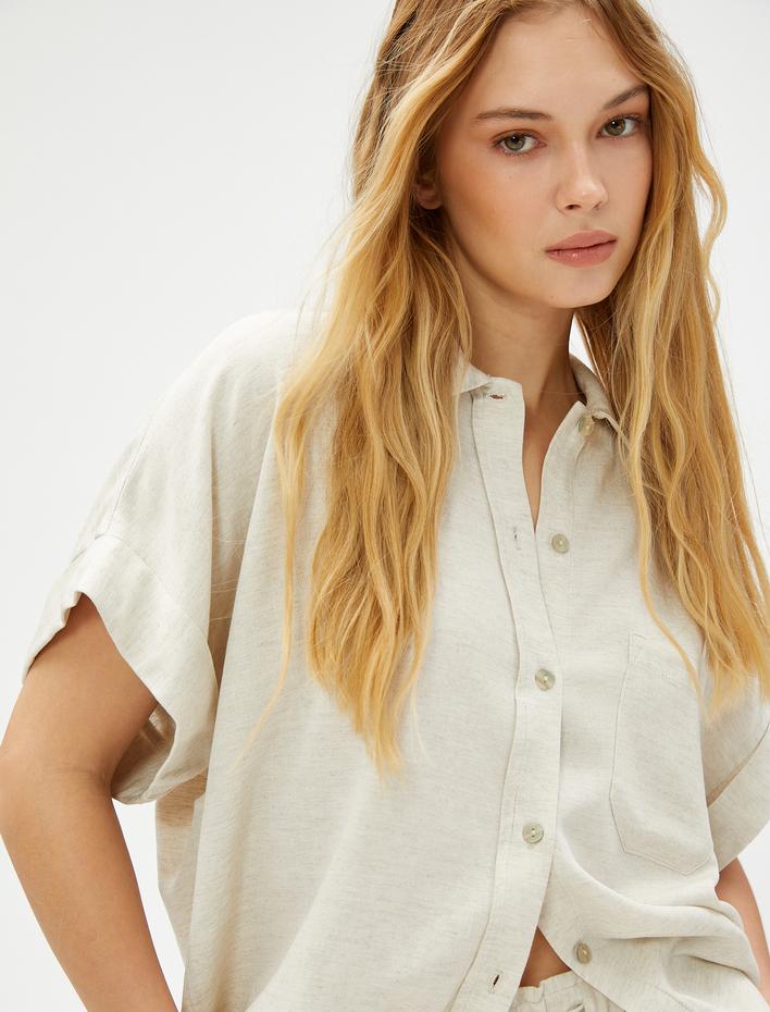  Oversize Gömlek Kolları Katlama Detaylı Keten Karışımlı