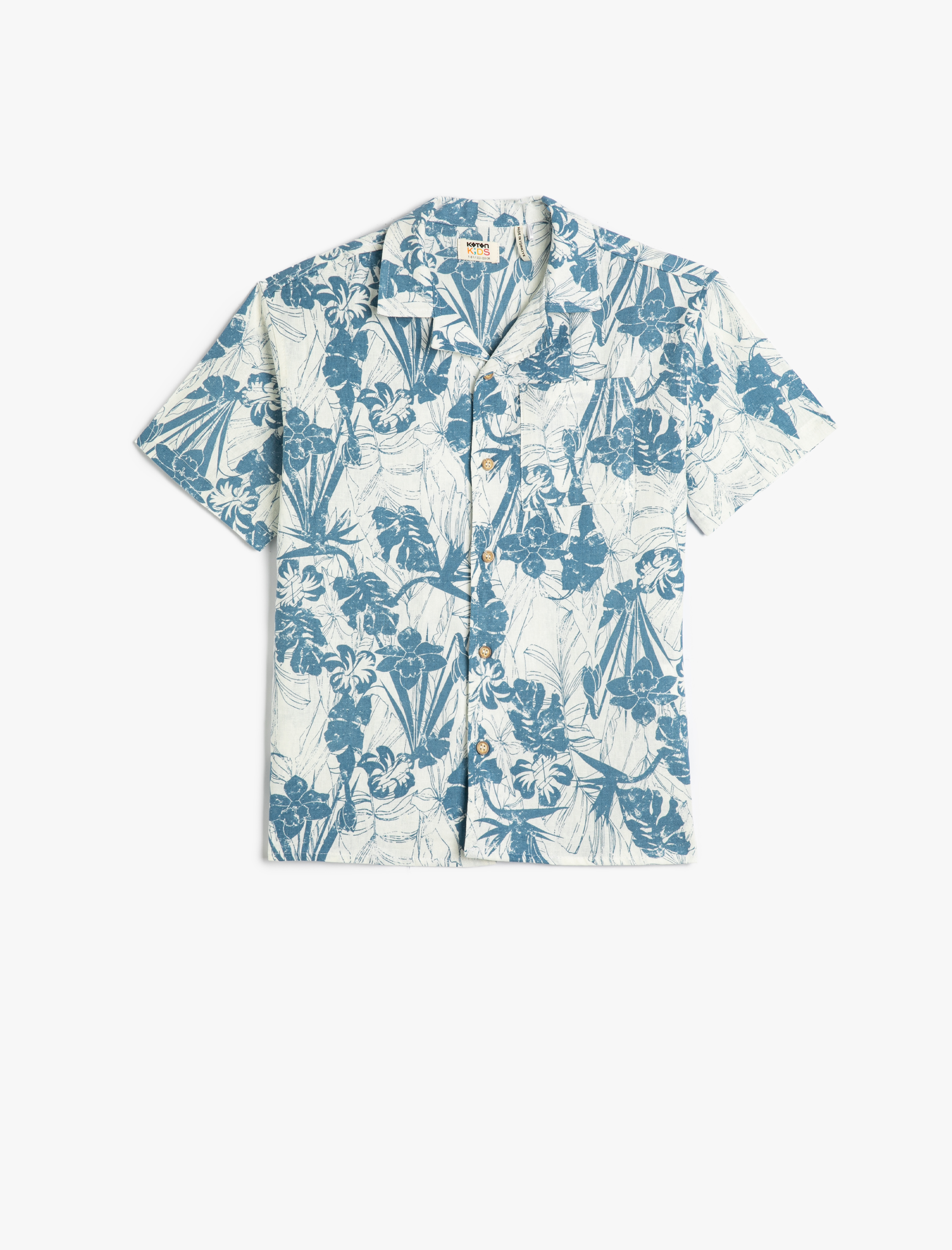  Erkek Çocuk Keten Gömlek Floral Desenli Kısa Kollu Cepli